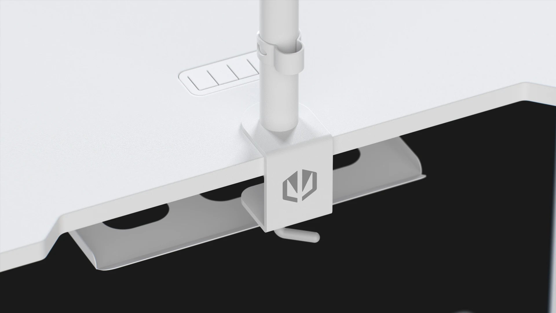 System prowadzenia kabli z wcięciami i półką na listwę zasilającą w biurku Atlas S Electric Onyx White