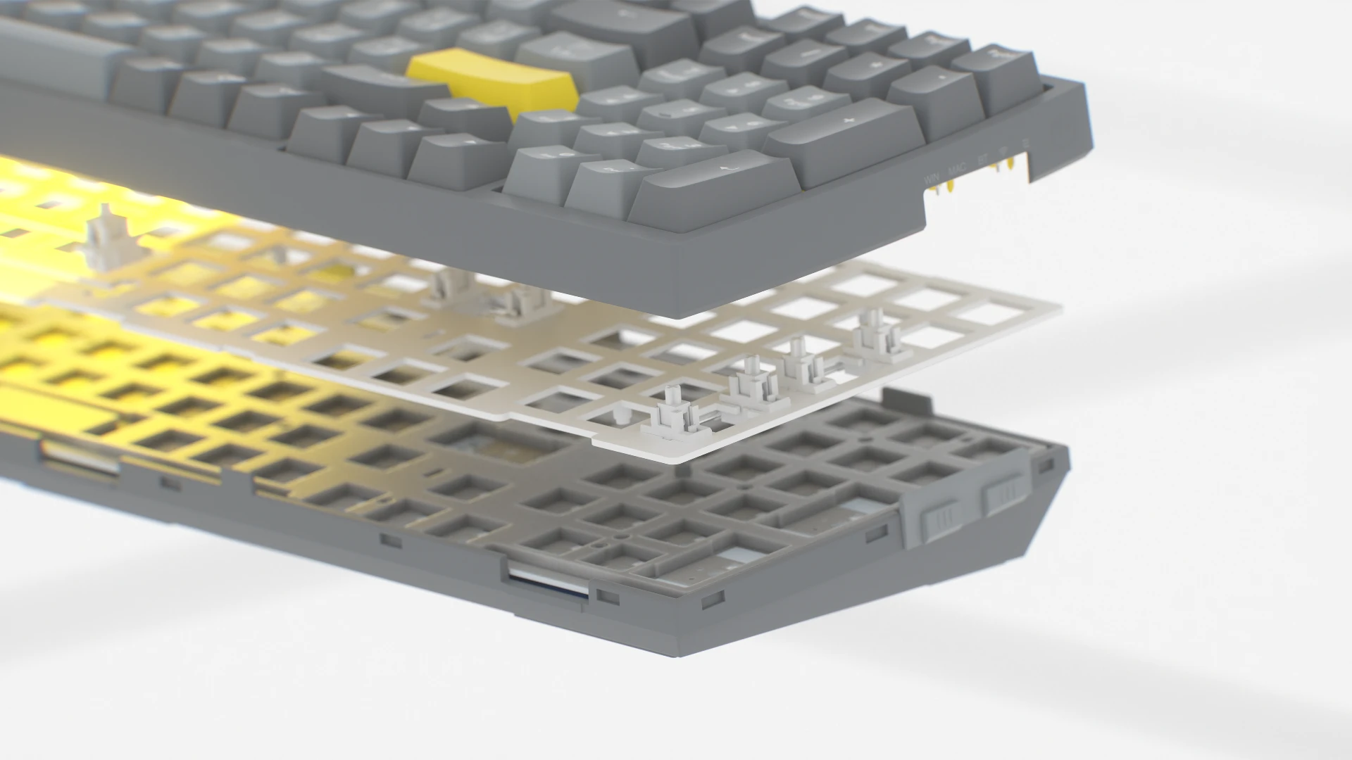 Przekrój klawiatury ENDORFY Celeris 1800 CZ z widocznym top plate z laminatu epoksydowego 
