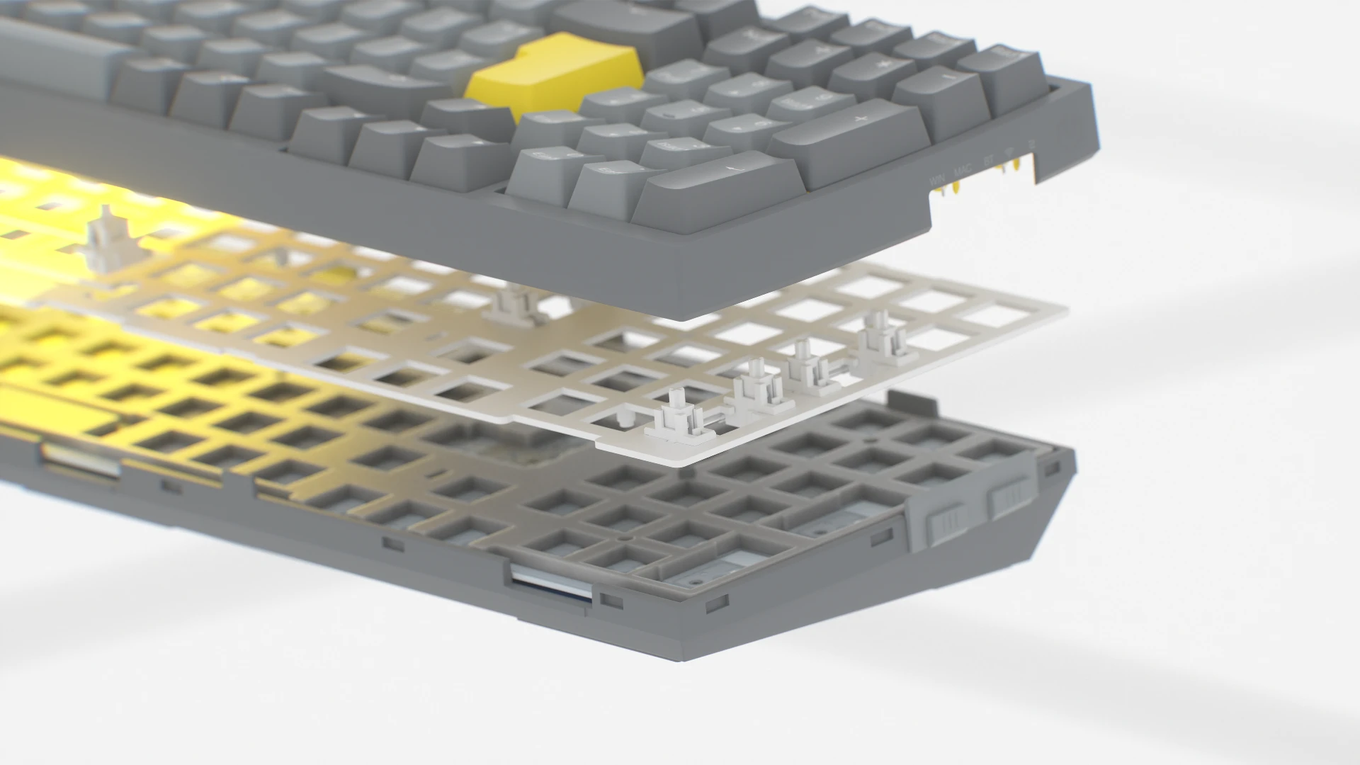 Przekrój klawiatury ENDORFY Celeris 1800 DE z widocznym top plate z laminatu epoksydowego 