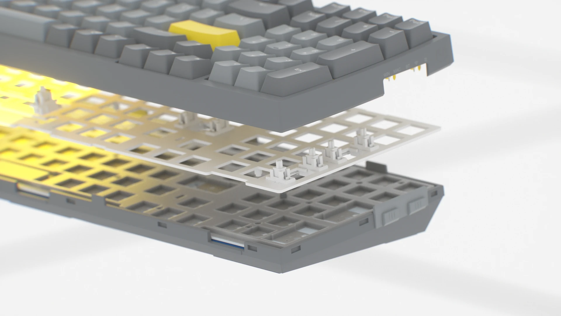 Przekrój klawiatury ENDORFY Celeris 1800 z widocznym top plate z laminatu epoksydowego 