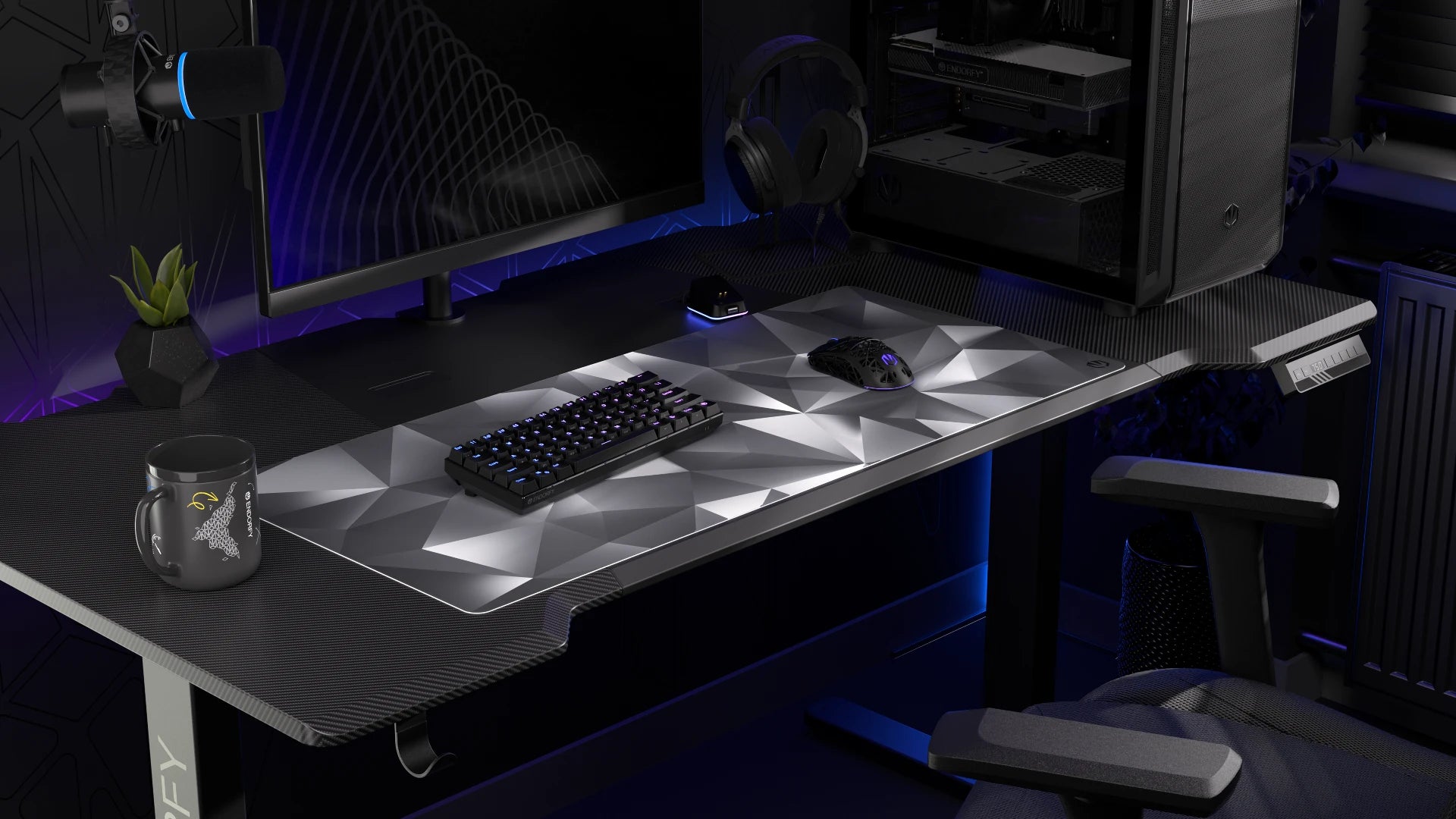 Podkładka na biurko ENDORFY Crystal Black XL z ciemnym wzorem kryształu, rozmiar 900×400 mm 