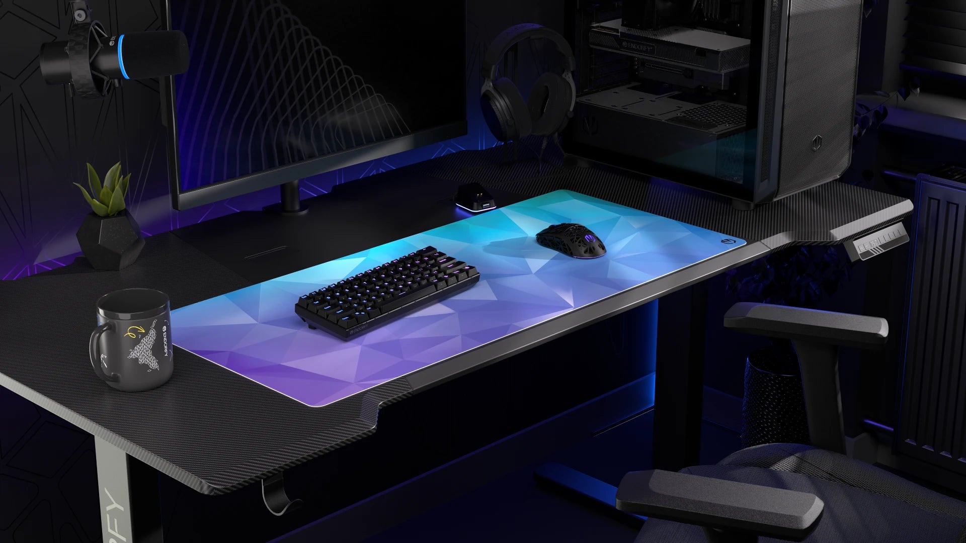 Podkładka na biurko ENDORFY Crystal Blue XL z niebieskim wzorem kryształu, rozmiar 900×400 mm 