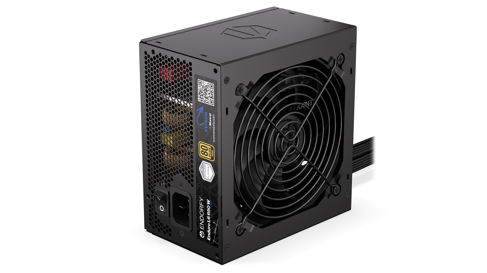 ENDORFY Enduro L6 650 W EY7A019-Power Supply PC Front Left View Wiring Certificates QR Code Switch