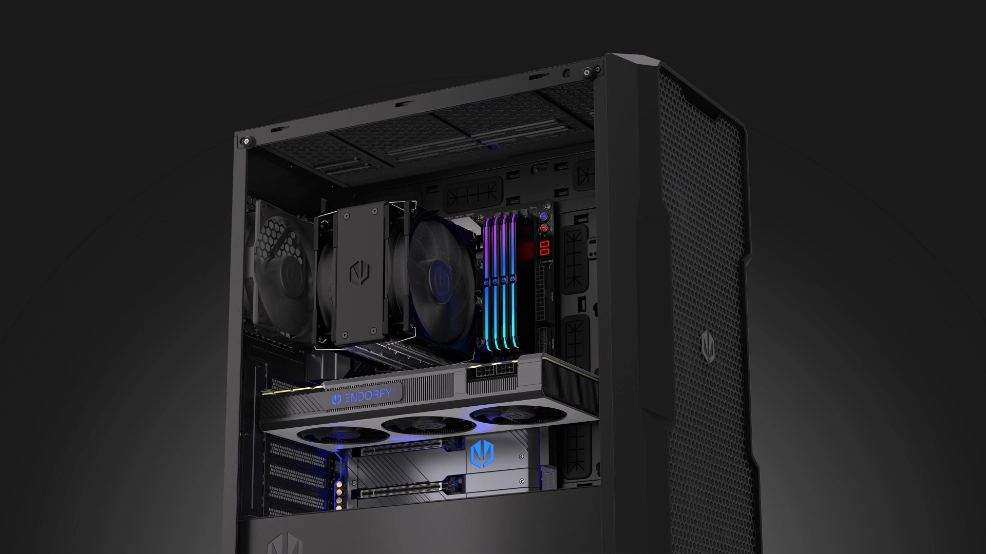 Chłodzenie procesora Fera 5 Dual Fan zamontowane na procesorze i płycie głównej wraz z innymi komponentami. 
