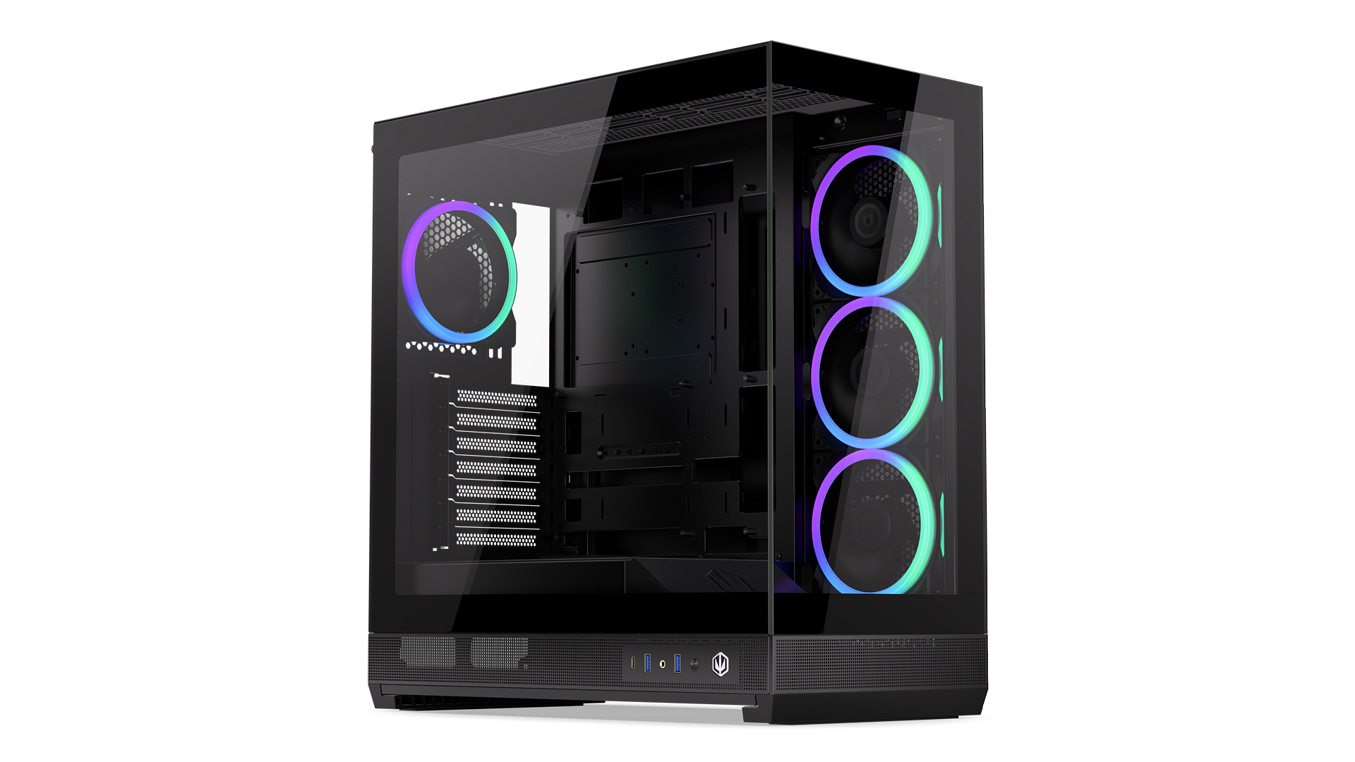 ENDORFY Fishtank 6000 Corona EY2A025-PC Case Front Left View Glass Panel I/O Panel Inside Empty Interior