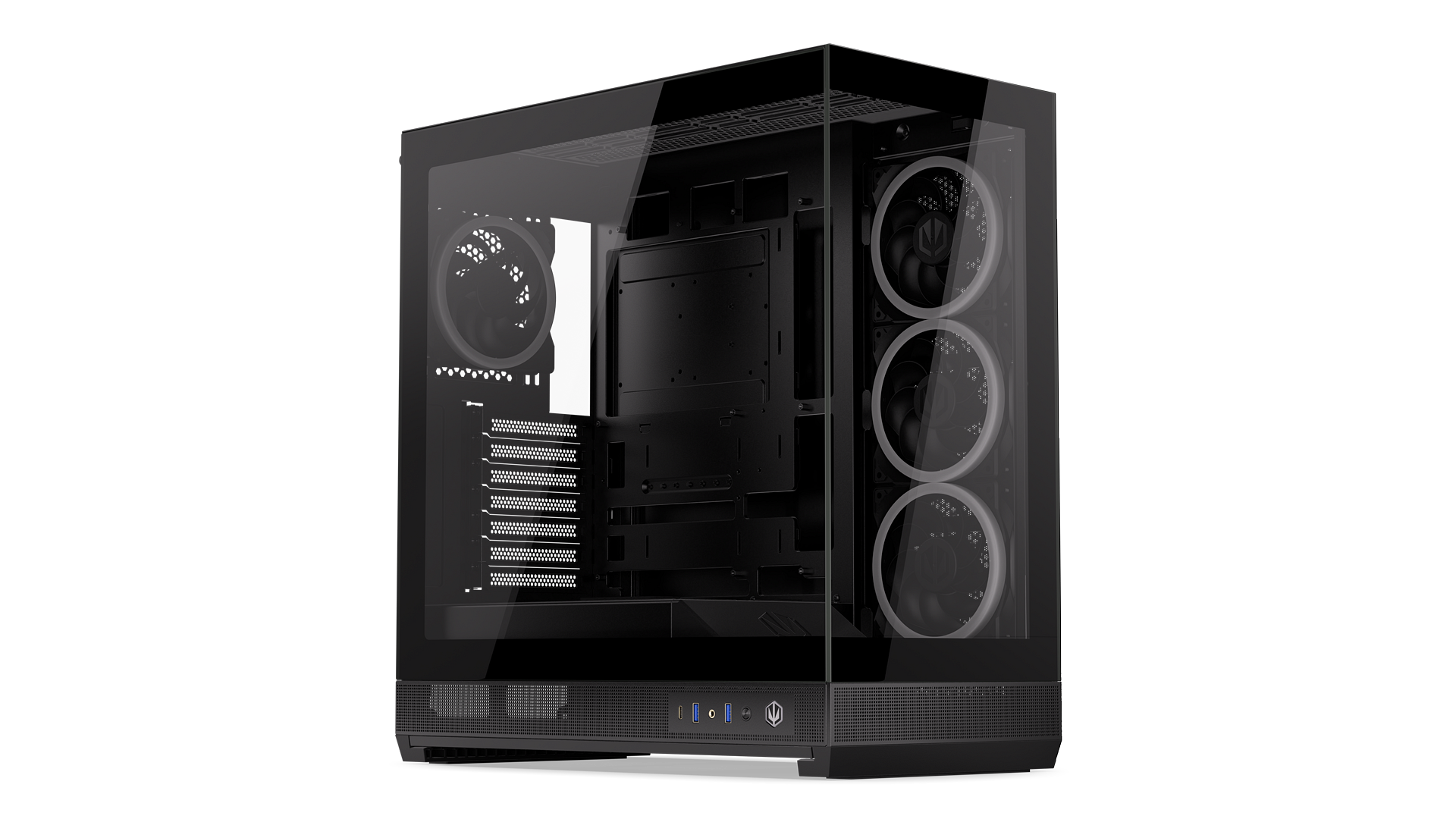 ENDORFY Fishtank 6000 Corona EY2A025-PC Case Front Left View Glass Panel I/O Panel Inside Empty Interior