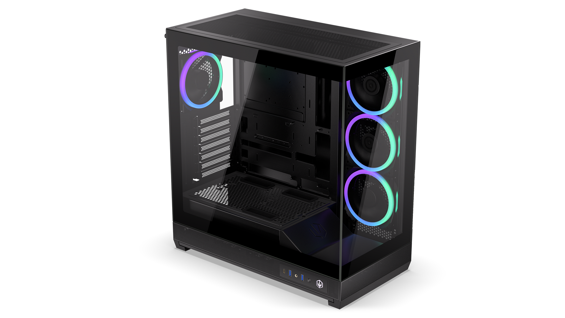 ENDORFY Fishtank 6000 Corona EY2A025-PC Case Front Left View Glass Panel Inside Empty Interior