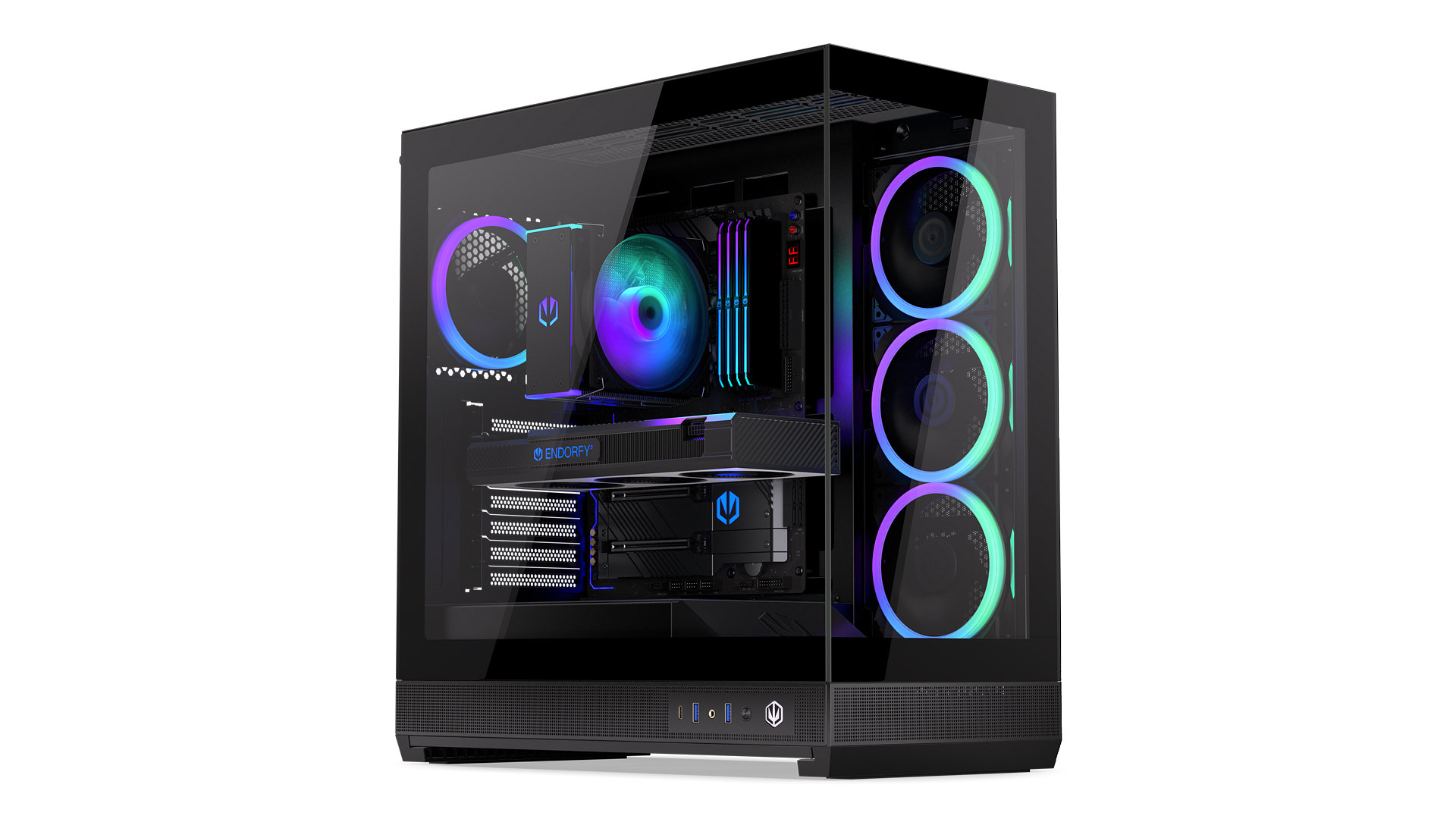 ENDORFY Fishtank 6000 Corona EY2A025-PC Case Front Left View Glass Side Front Panel Visible Illuminated Fans ARGB Logo Inscription ENDORFY Components