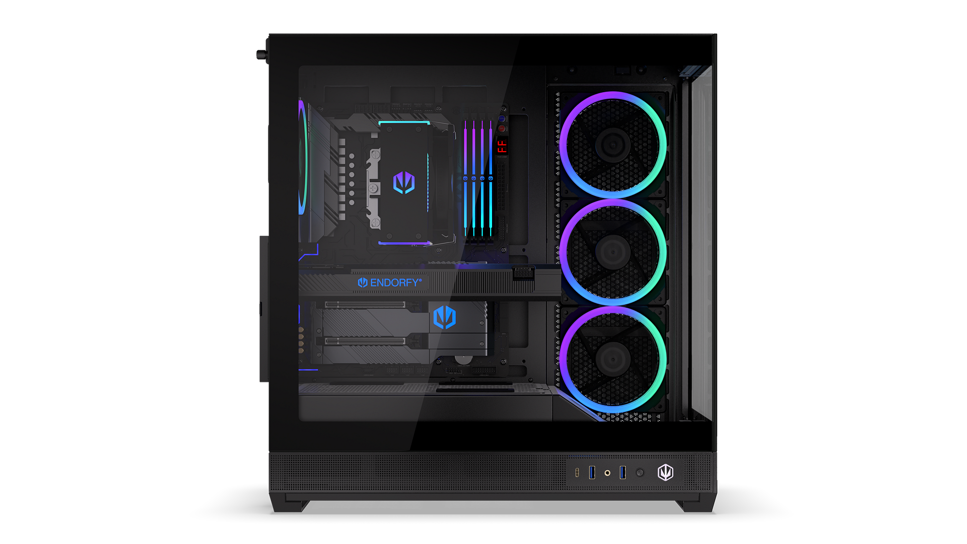 ENDORFY Fishtank 6000 Corona EY2A025-PC Case Left View Glass Panel Visible Illuminated Components ARGB Logo Inscription ENDORFY
