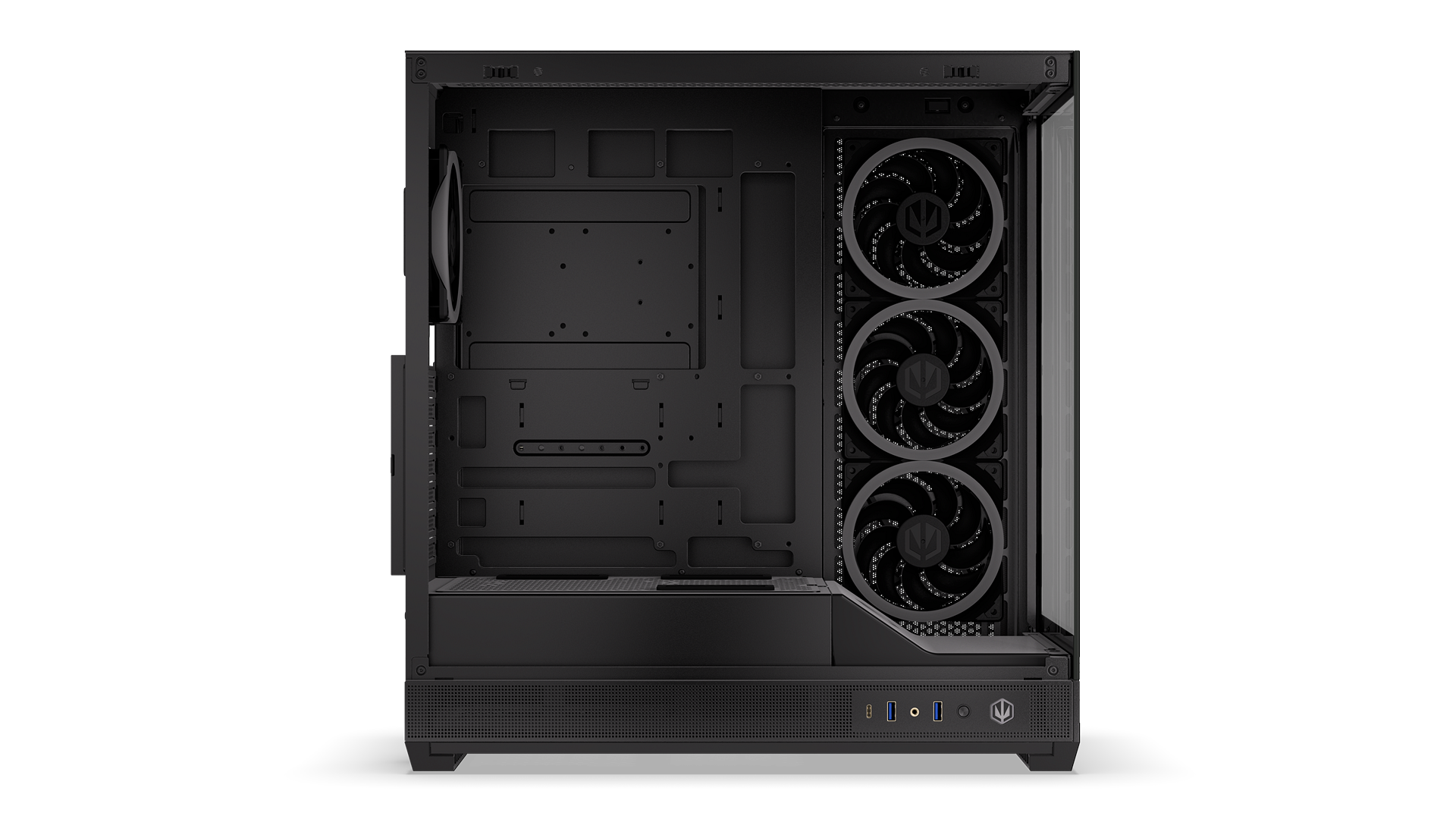 ENDORFY Fishtank 6000 Corona EY2A025-PC Case Left View Removed Panel Three Fans I/O Panel