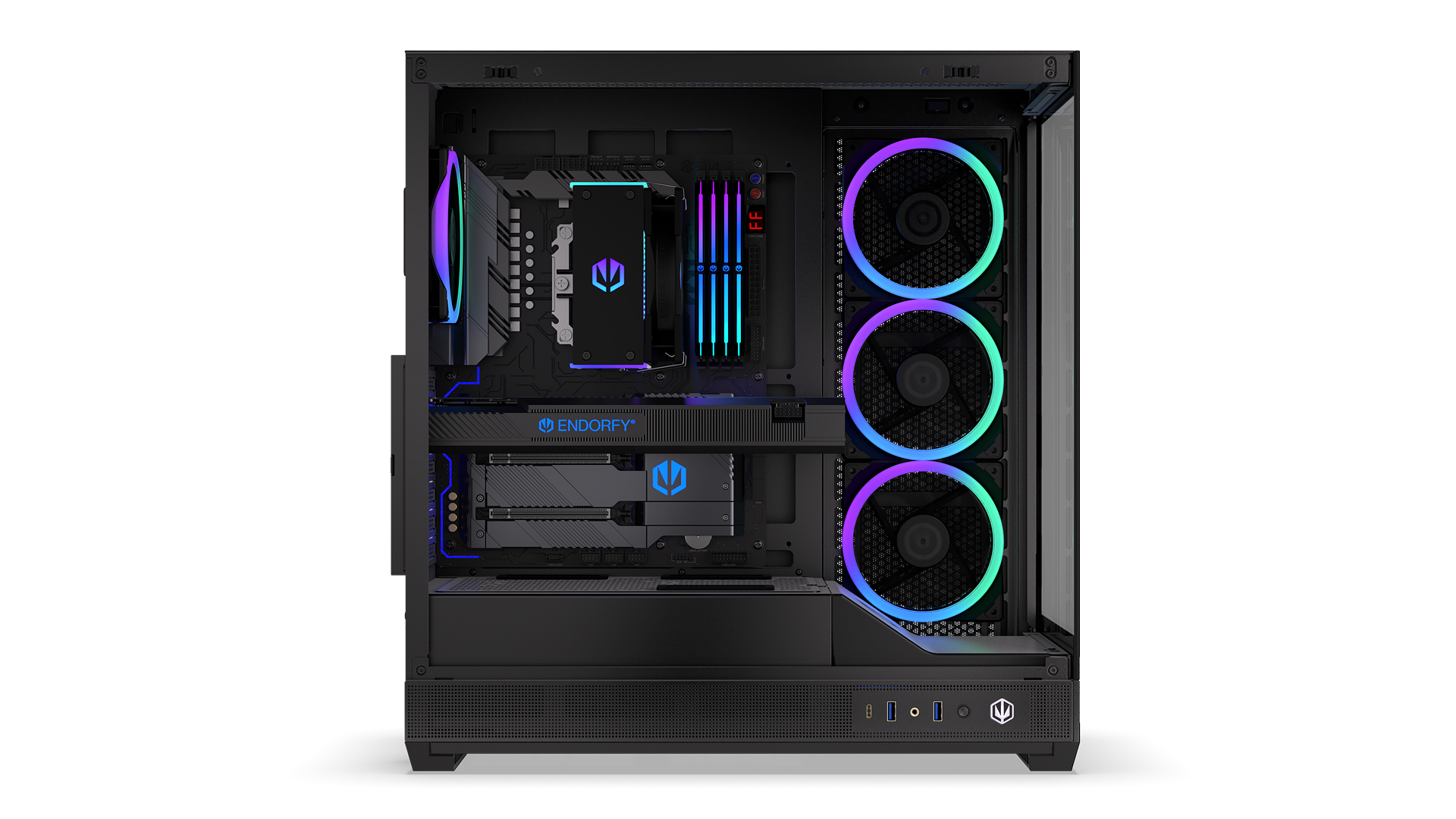 ENDORFY Fishtank 6000 Corona EY2A025-PC Case Left View Removed Panel Visible Illuminated Components ARGB Logo Inscription ENDORFY