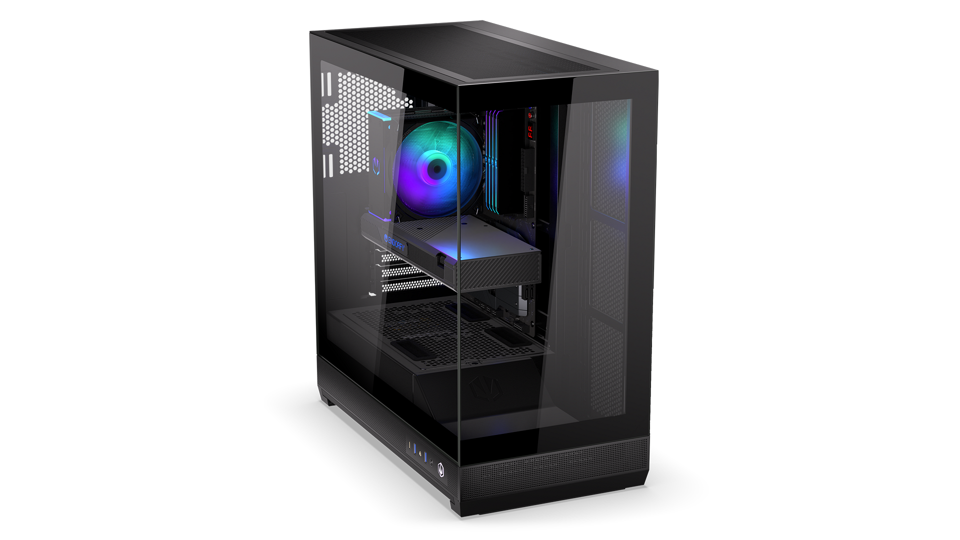 ENDORFY Fishtank 6000 Flex EY2A026-PC Case Front Left View Glass Panel Inside Empty Interior ARGB
