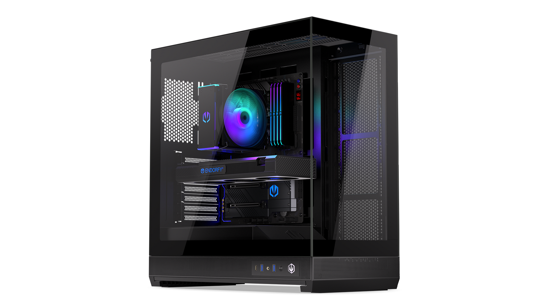 ENDORFY Fishtank 6000 Flex EY2A026-PC Case Front Left View Glass Side Front Panel Visible Illuminated Fan Logo Inscription ENDORFY Components