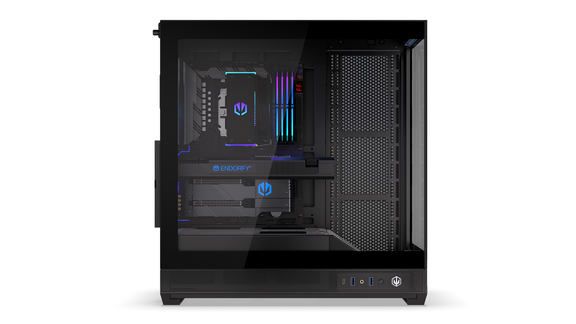 ENDORFY Fishtank 6000 Flex EY2A026-PC Case Left View Glass Panel Components ARGB Logo Inscription ENDORFY