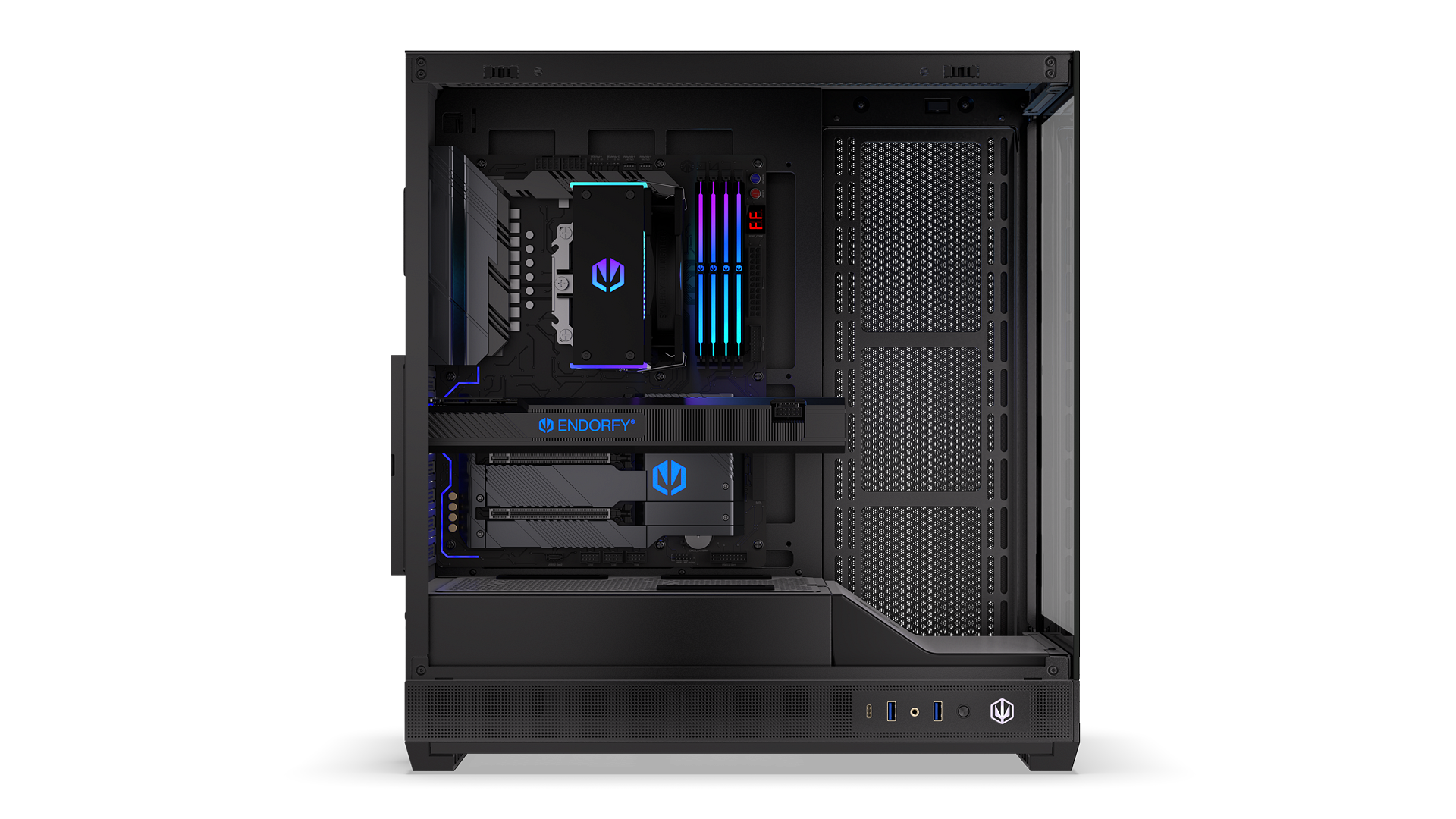 ENDORFY Fishtank 6000 Flex EY2A026-PC Case Left View Removed Panel Components ARGB Logo Inscription ENDORFY