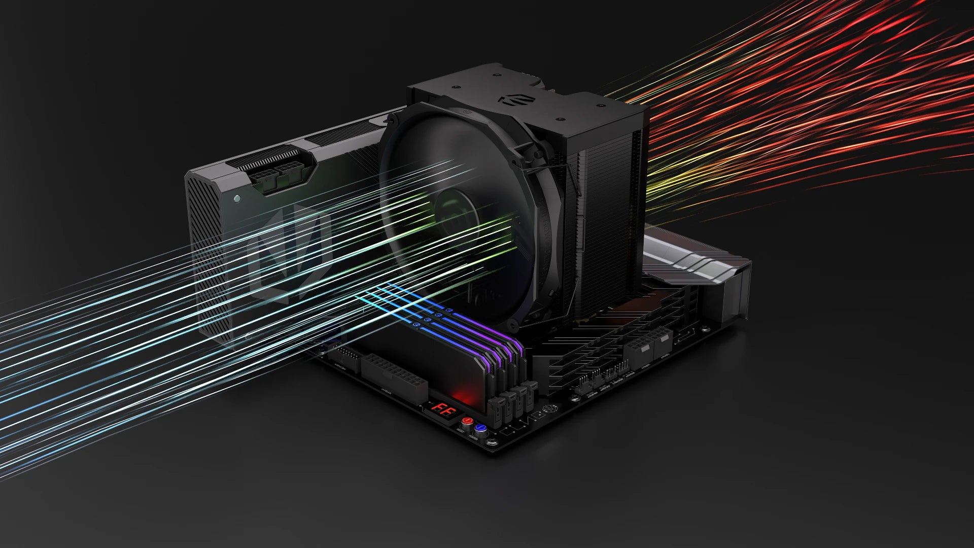 Asymetryczny radiator ENDORFY Fortis 5 Black z sześcioma ciepłowodami i naniesioną wizualizacją przepływu powietrza 