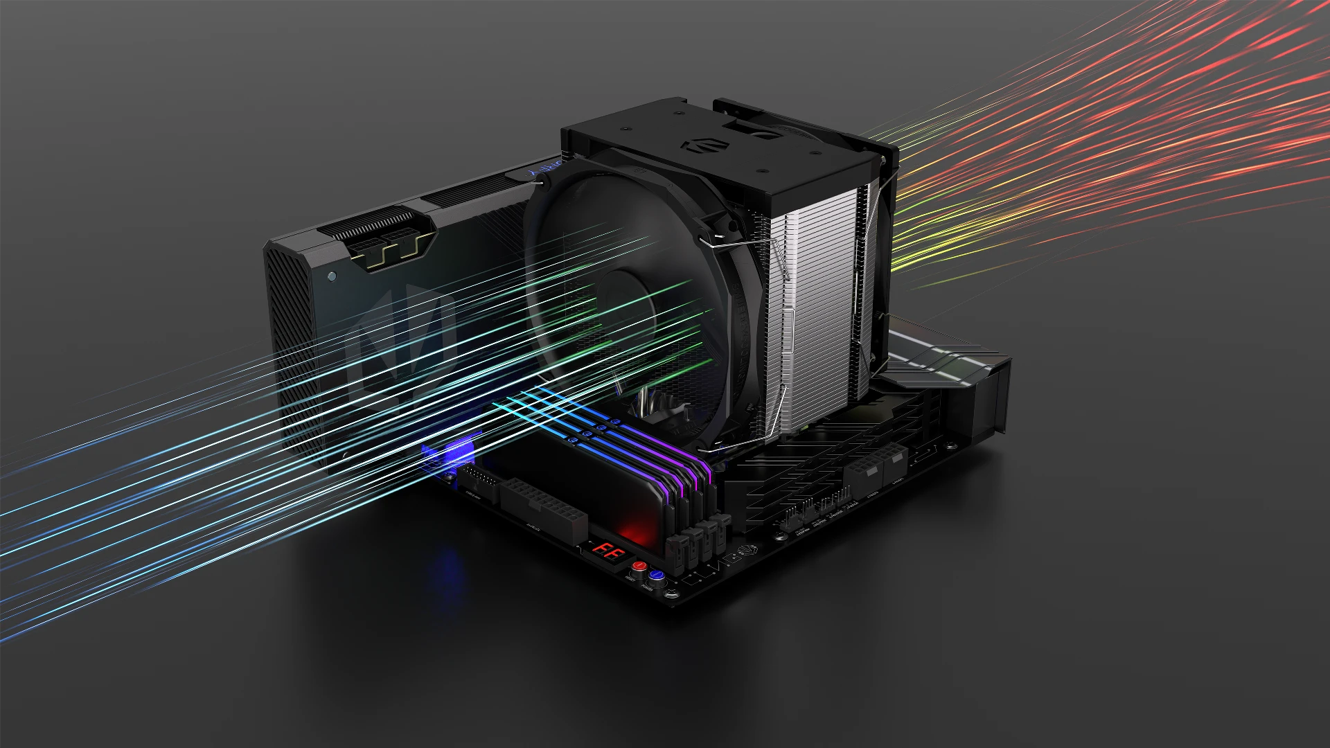 Asymetryczny radiator ENDORFY Fortis 5 Dual Fan z sześcioma ciepłowodami i naniesioną wizualizacją przepływu powietrza 