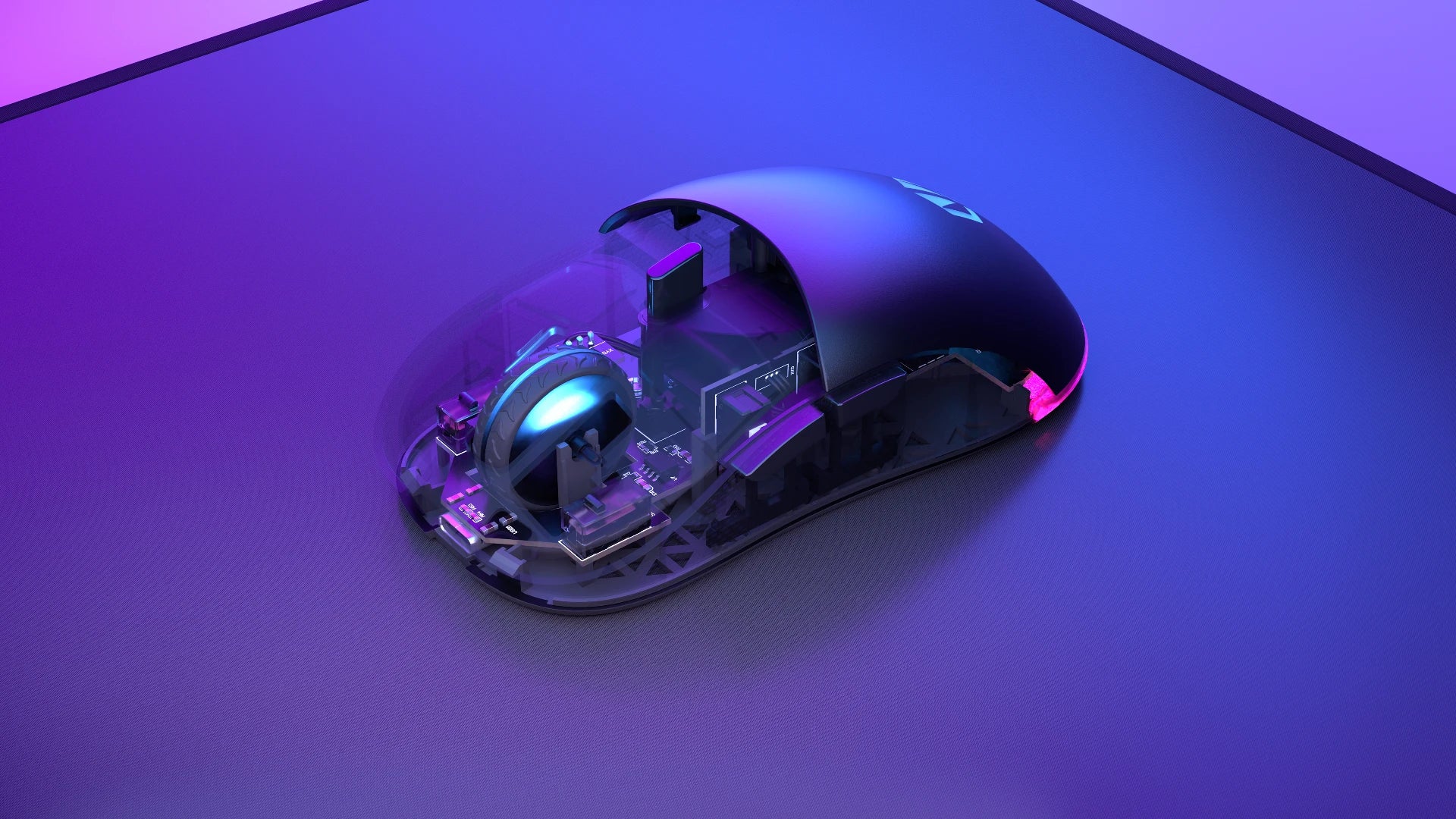 Przekrój myszki gamingowej GEM Plus Wireless z widokiem na mikroprzełączniki Kailh GM 8.0 
