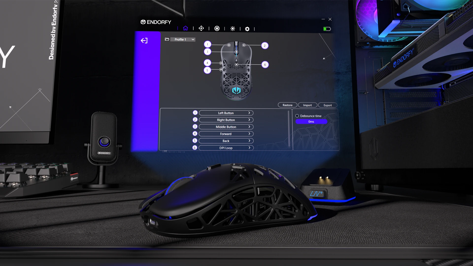 Mysz LIV Plus Wireless znajdująca się na biurku w otoczeniu produktów ENDORFY – w tle widoczne dedykowane oprogramowanie do personalizacji  