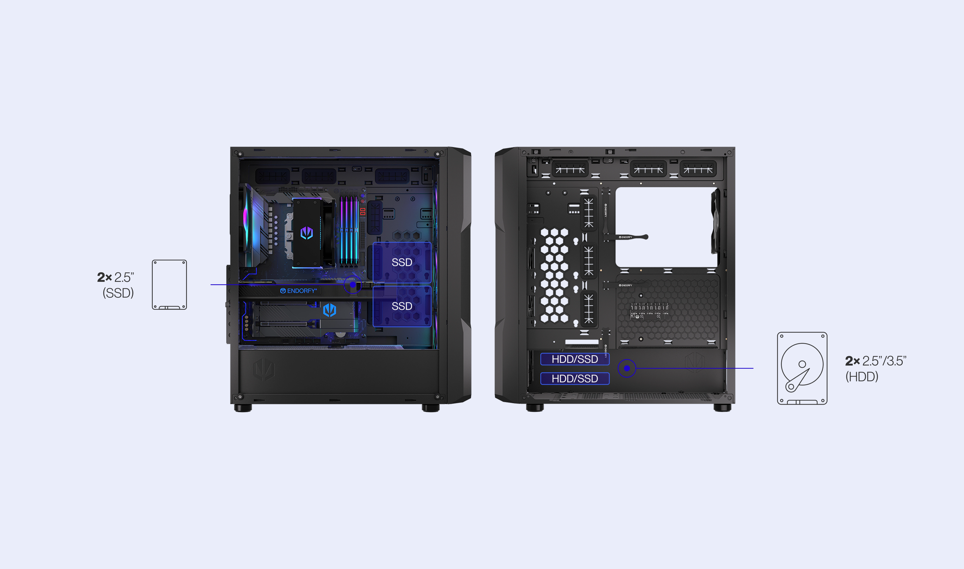 ENDORFY Regnum 400 ARGB EY2A009 PC Case Left View Removed Panel Empty Inside Icons Config Storage Compatibility
