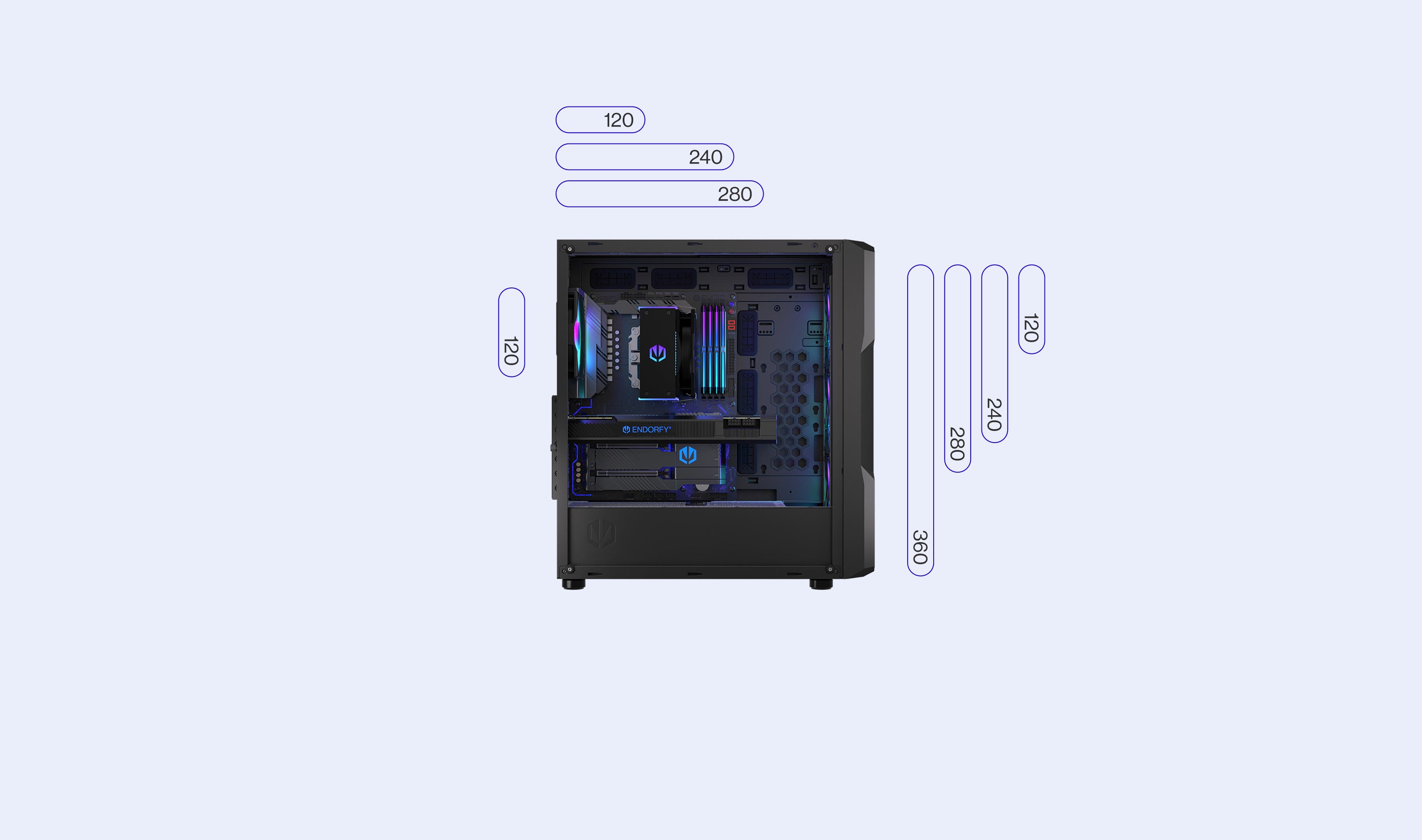 ENDORFY Regnum 400 ARGB EY2A009 PC Case Left View Removed Panel Icons Compatibility Dimensions Config Radiators
