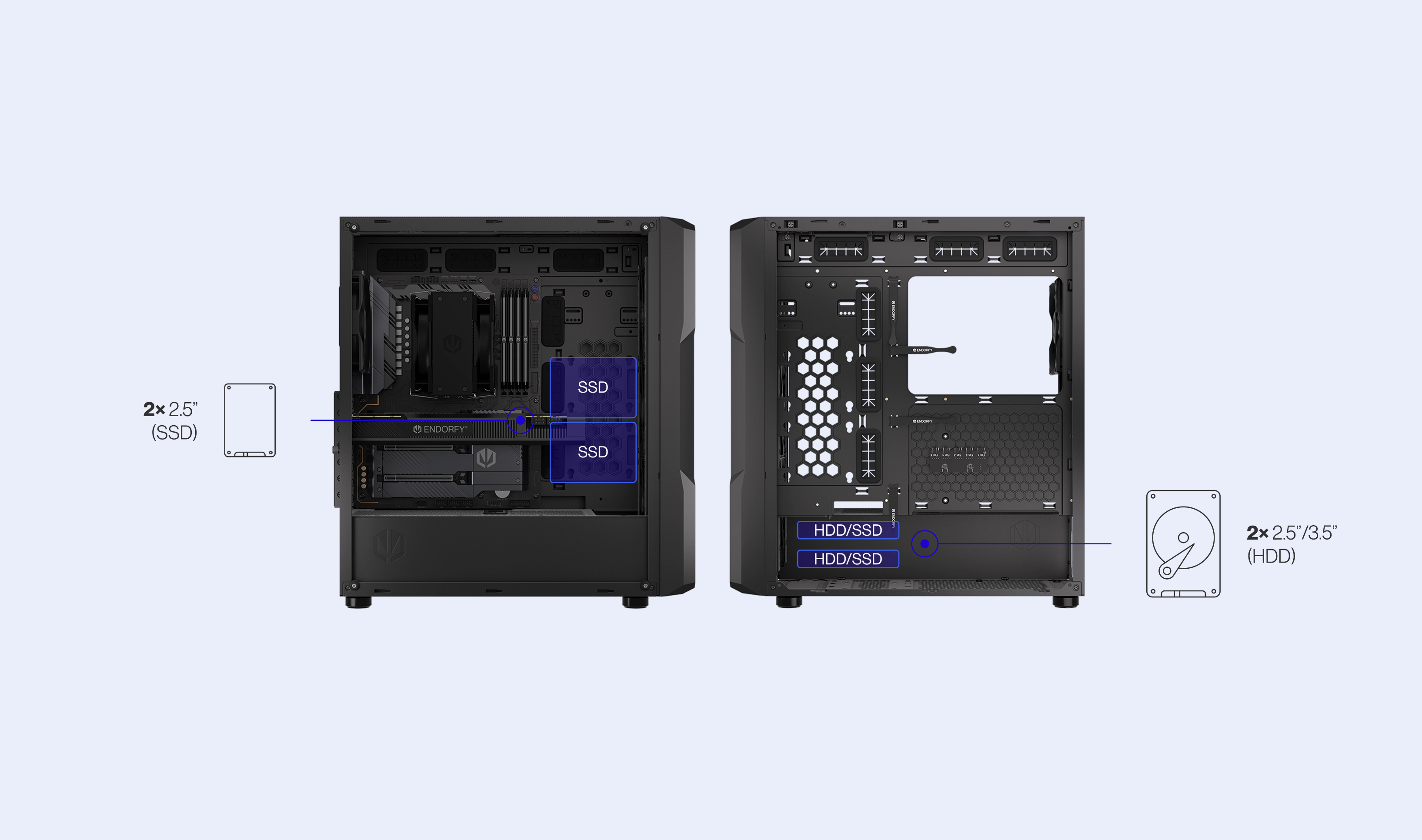 ENDORFY Regnum 400 Air EY2A008 PC Case Left View Removed Panel Empty Inside Icons Config Storage Compatibility
