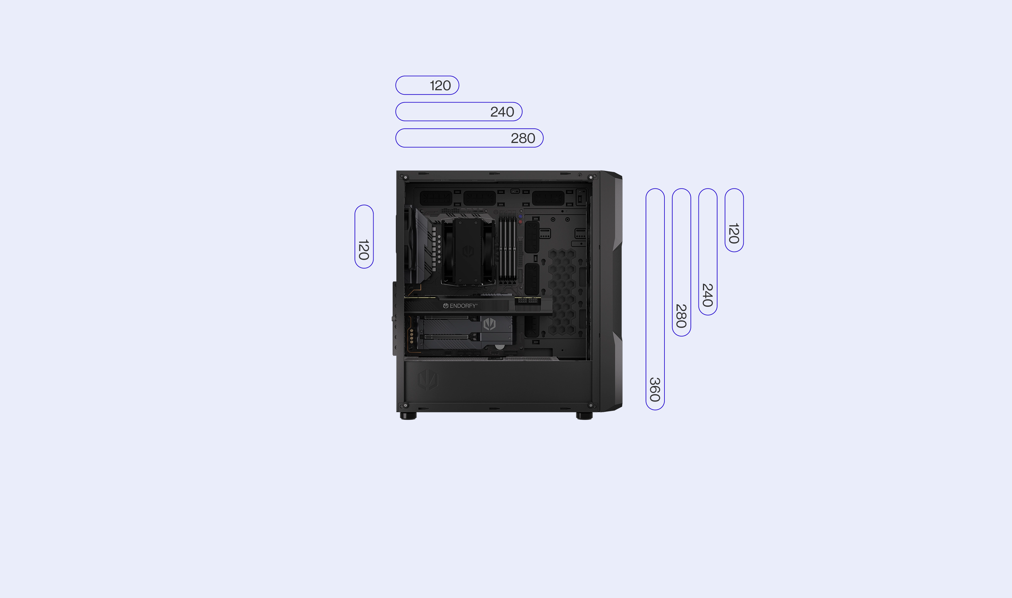 ENDORFY Regnum 400 Air EY2A008 PC Case Left View Removed Panel Icons Compatibility Dimensions Config Radiators