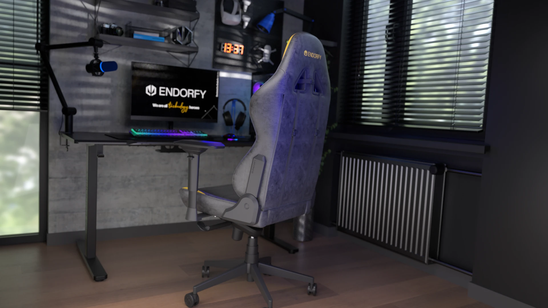 ENDORFY Scrim YL stojący obok stanowiska komputerowego – widok na tył fotela 