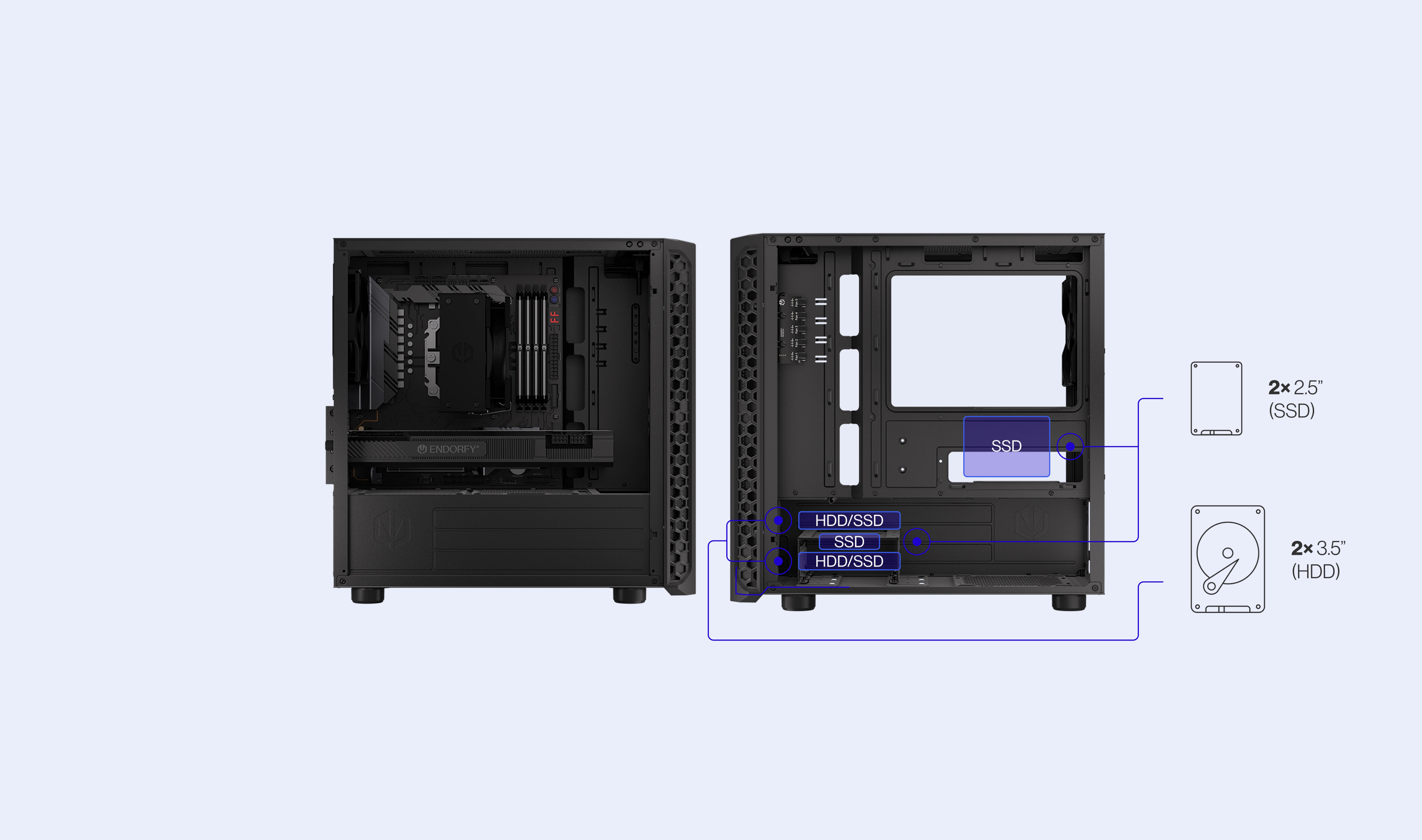 ENDORFY Signum M30 Air EY2A019 PC Case Side View Removed Panel Compatibility Icons Max Dimensions Config Drives