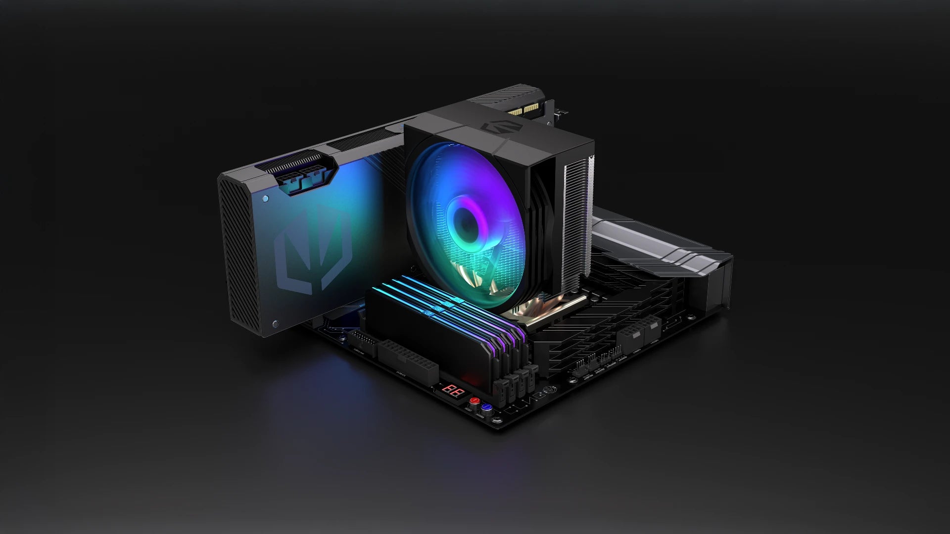 Radiator ENDORFY Spartan 5 MAX ARGB w uruchomionym podświetleniem ARGB – widok z boku 