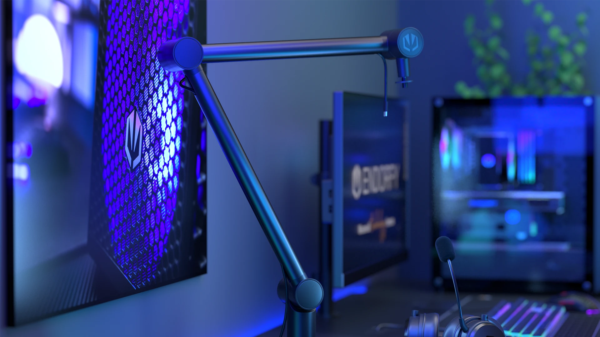 Metalowa konstrukcja premium statywu Studio Boom Arm zamontowanego na biurku z wbudowanym kanałem na kable 