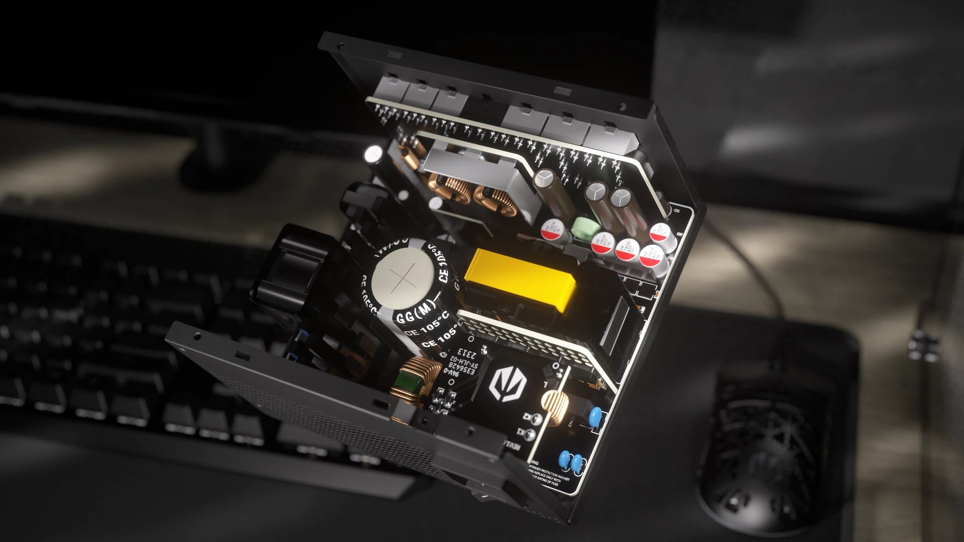 Wnętrze zasilacza ENDORFY Supremo FM6 750 W z japońskimi kondensatorami klasy premium 