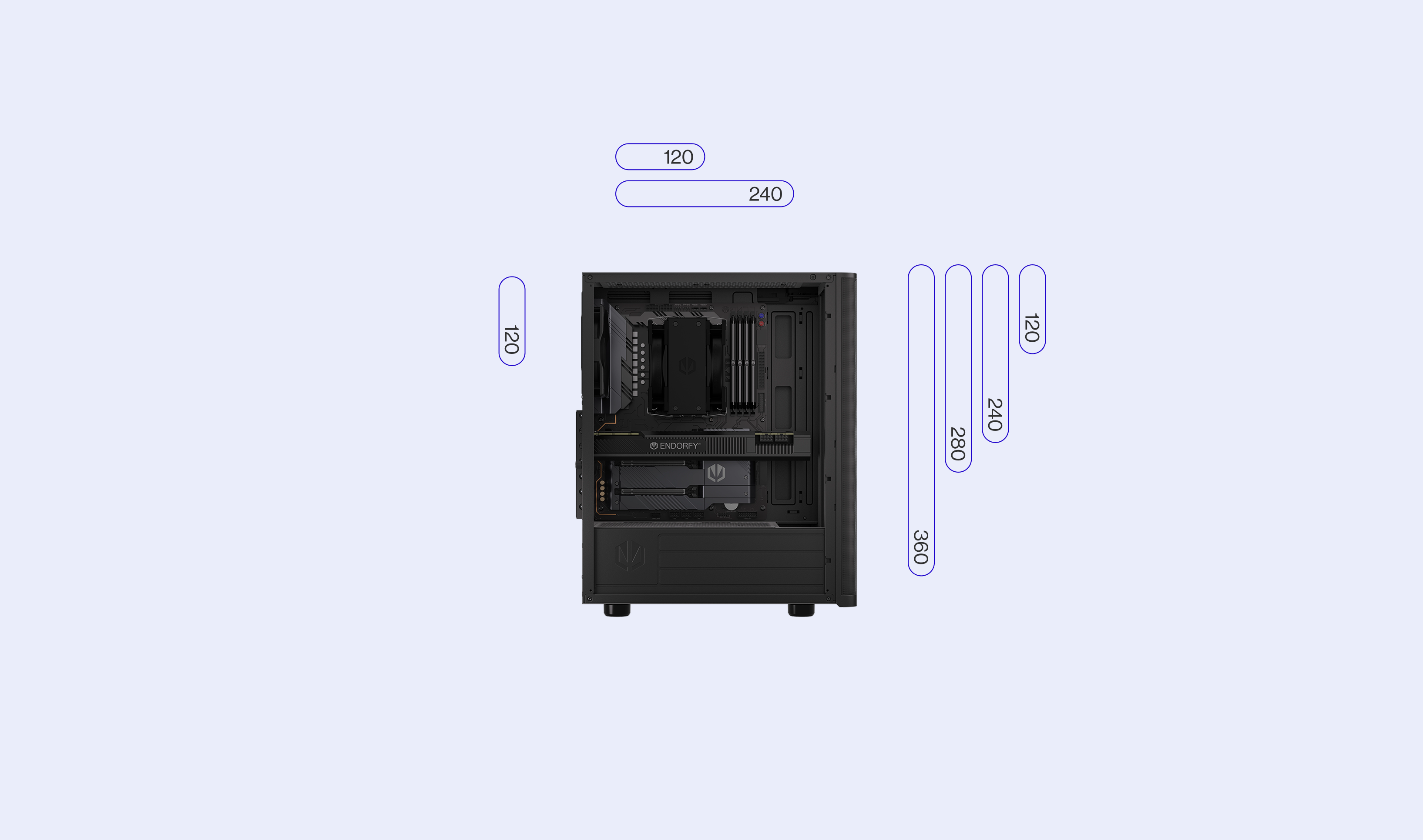 ENDORFY Ventum 200 Air EY2A002-PC Case Left View Removed Panel Icons Compatibility Dimensions Config Radiators