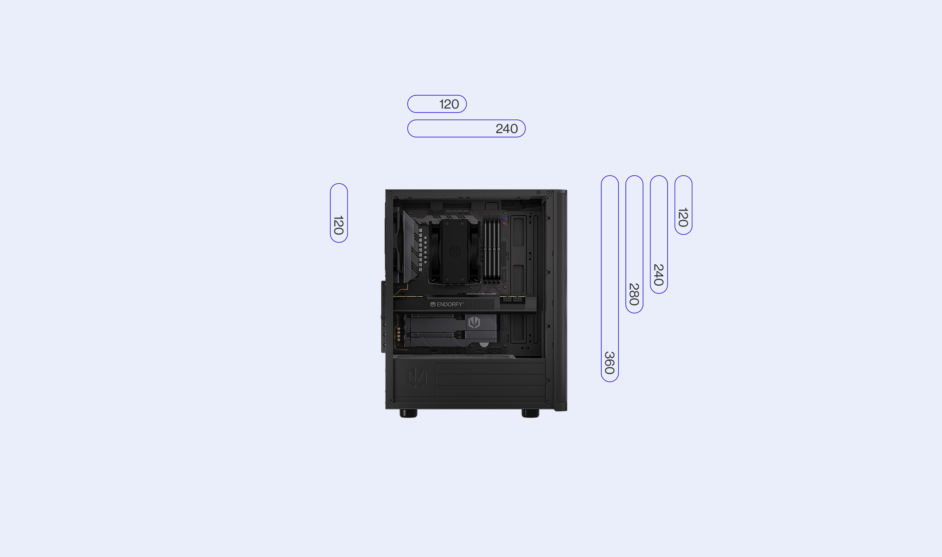 ENDORFY Ventum 200 Solid EY2A001 PC Case Left View Removed Panel Compatibility Icons Max Dimensions Config Radiators