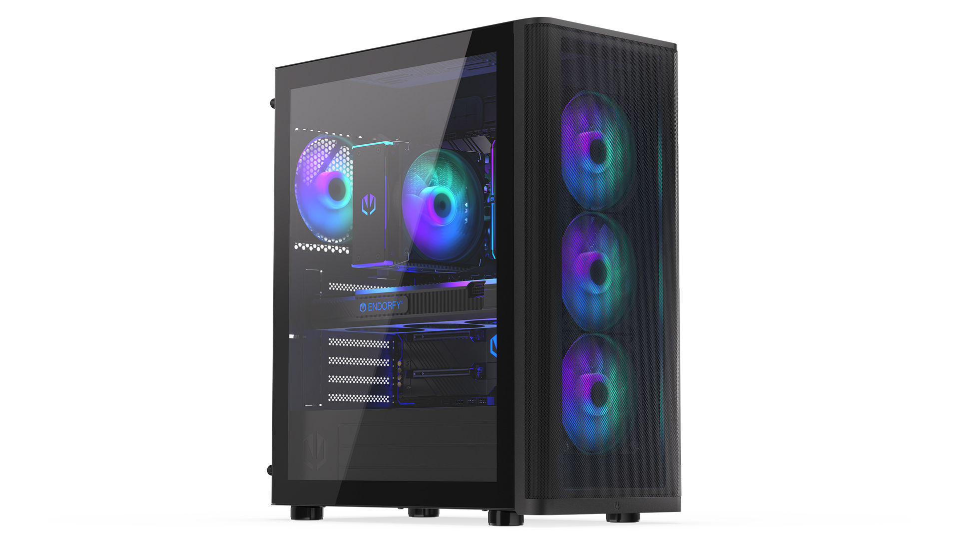 ENDORFY Ventum 400 ARGB EY2A023-PC Case Front Left View Glass Side Front Panel Visible Illuminated Fans Logo Inscription ENDORFY Components ARGB