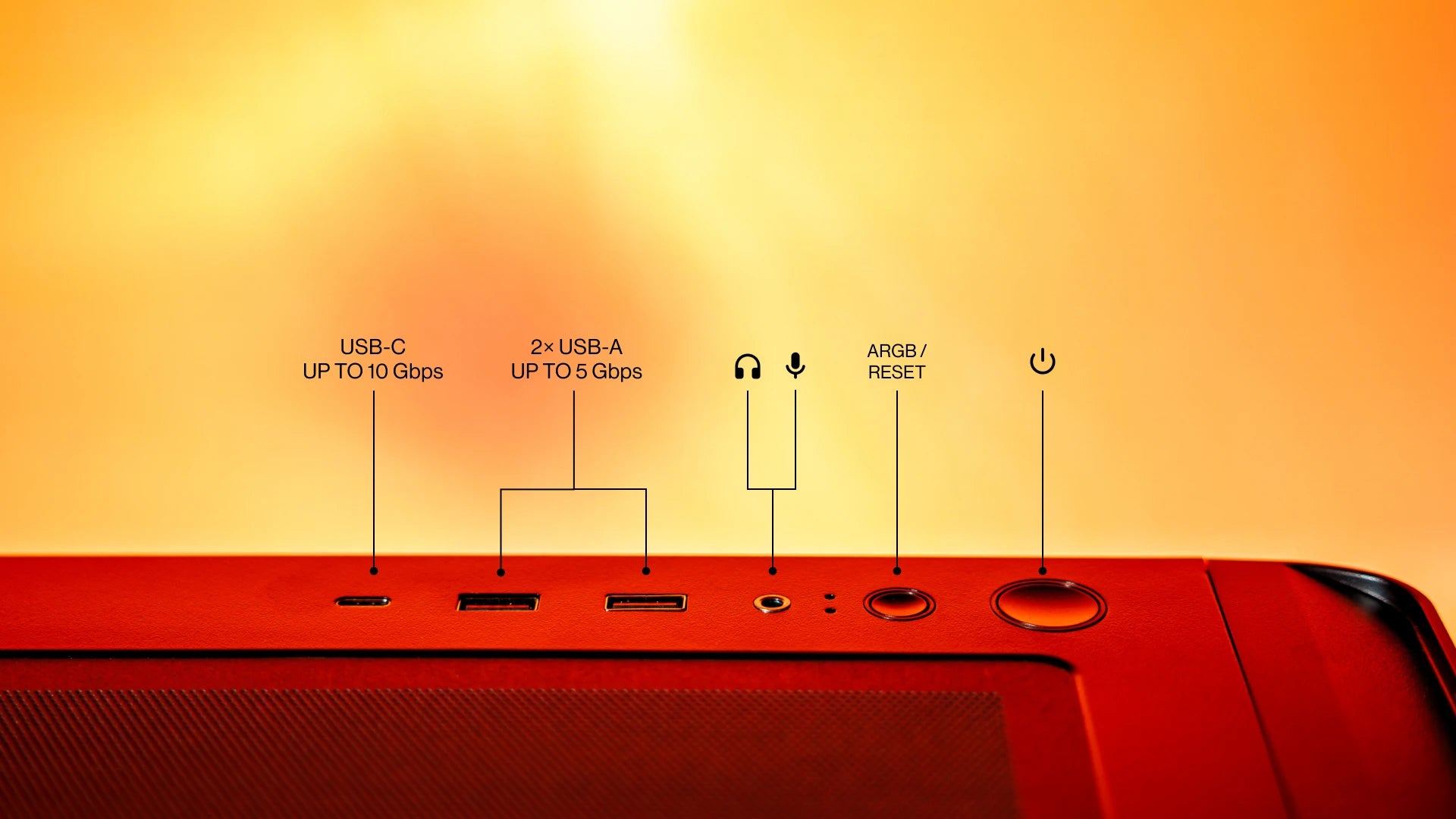 Zbliżenie na panel I/O znajdujący się w górnej części obudowy Ventum 400 Air z oznaczeniem poszczególnych portów 