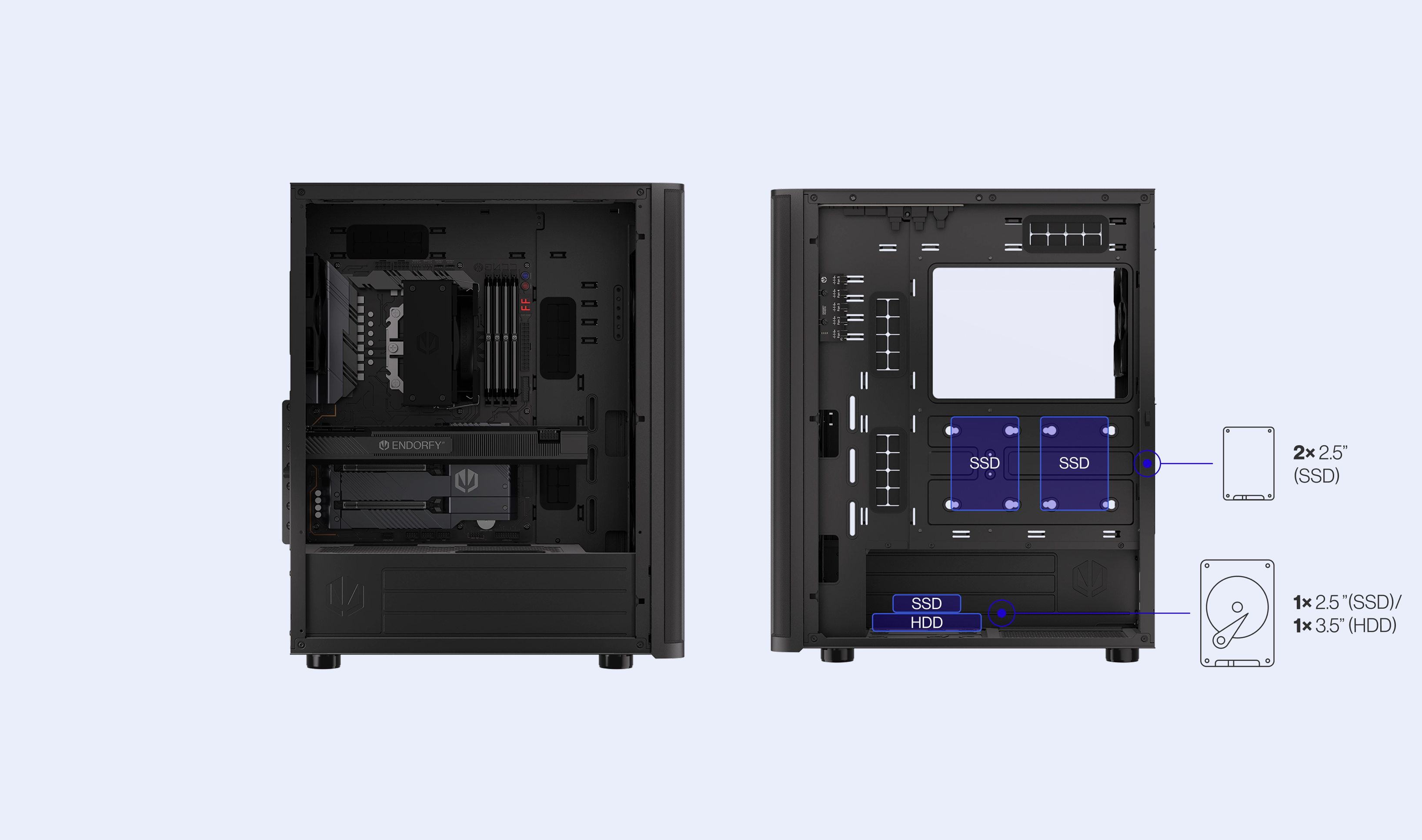ENDORFY Ventum 400 Air  EY2A024 PC Case Side View Removed Panel Compatibility Icons Max Dimensions Config Drives