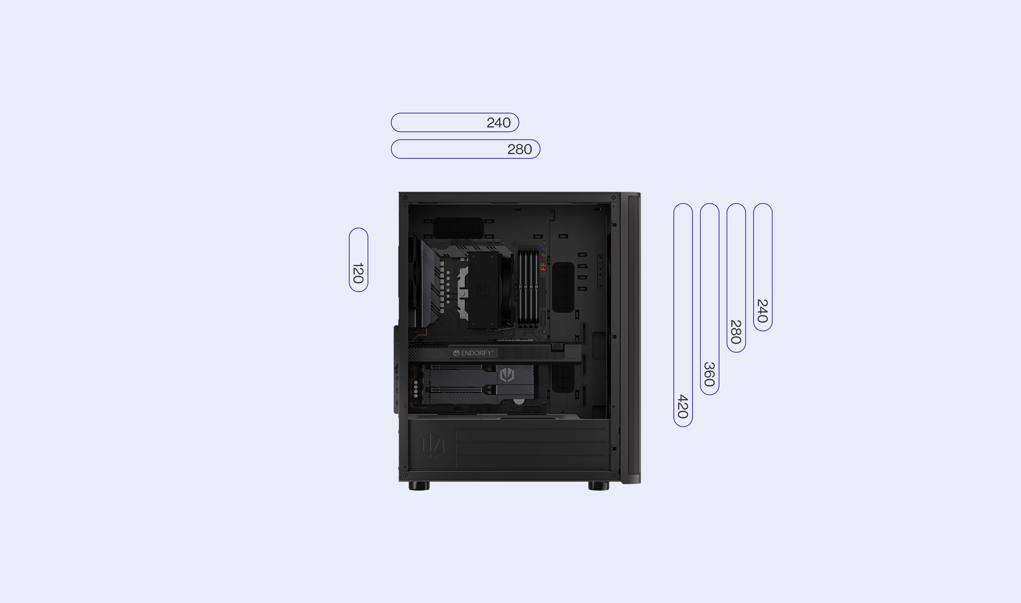 ENDORFY Ventum 400 Air  EY2A024 PC Case Side View Removed Panel Compatibility Icons Max Dimensions Config Radiators