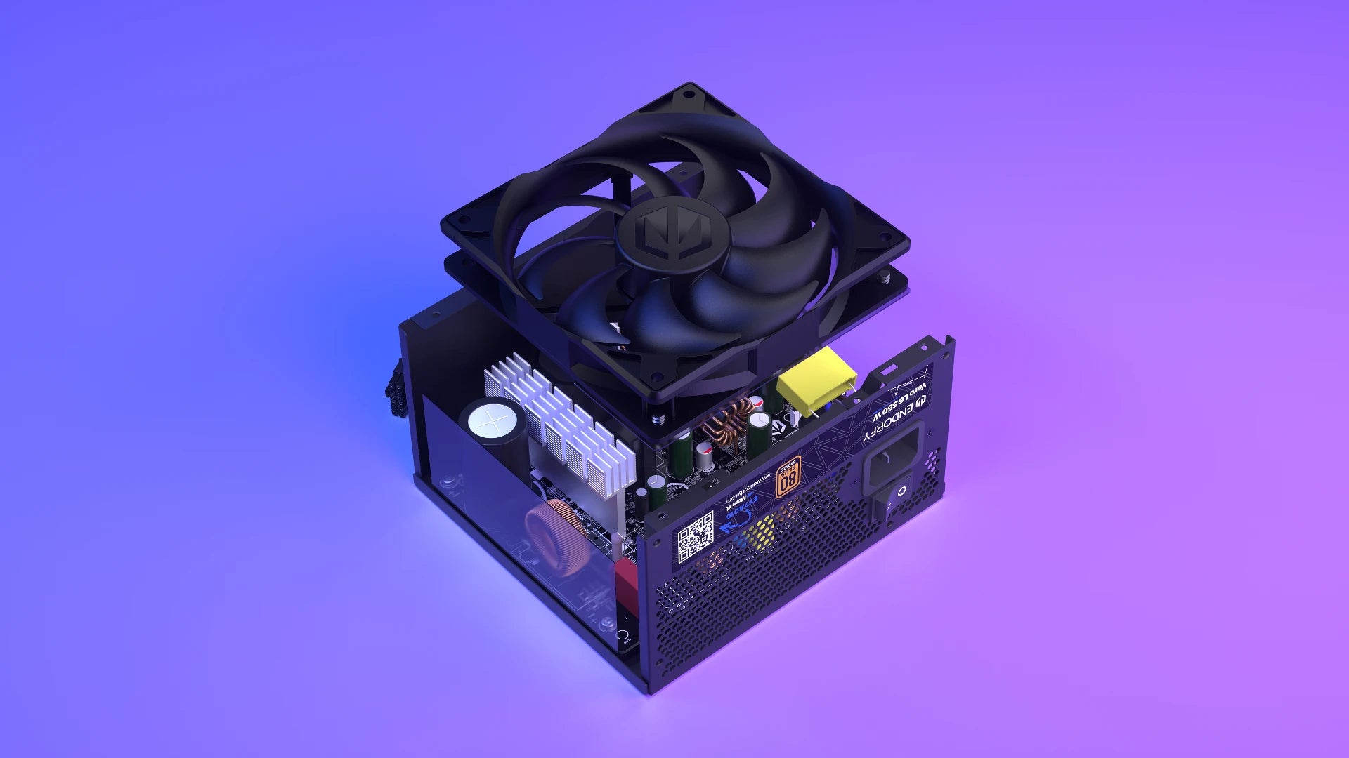 Wentylator Stratus 120 mm z łożyskiem FDB nad otwartym zasilaczem ENDORFY Vero L6 550 W 