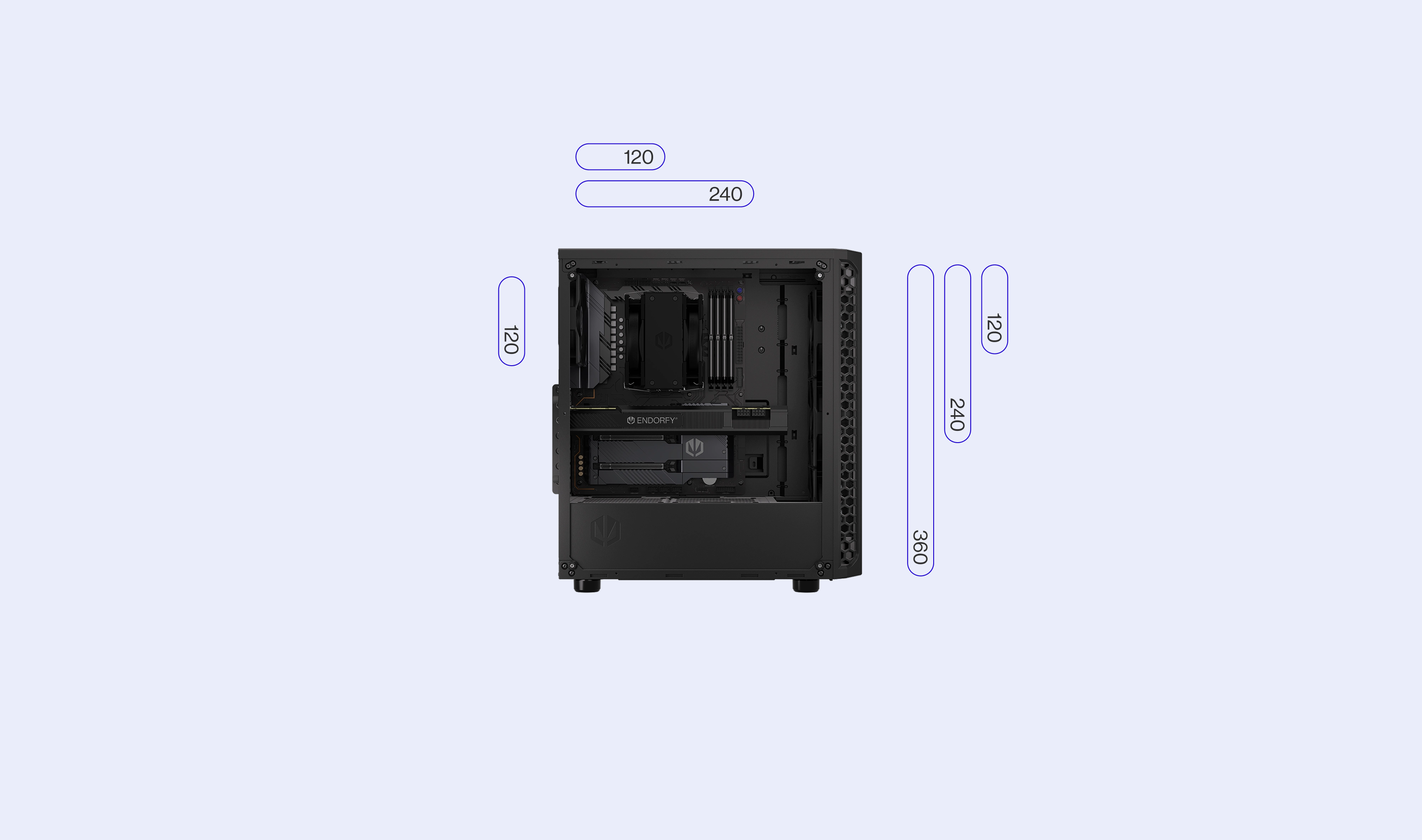 ENDORFY Signum 300 Air EY2A005 PC Case Left View Removed Panel Icons Compatibility Dimensions Config Radiators