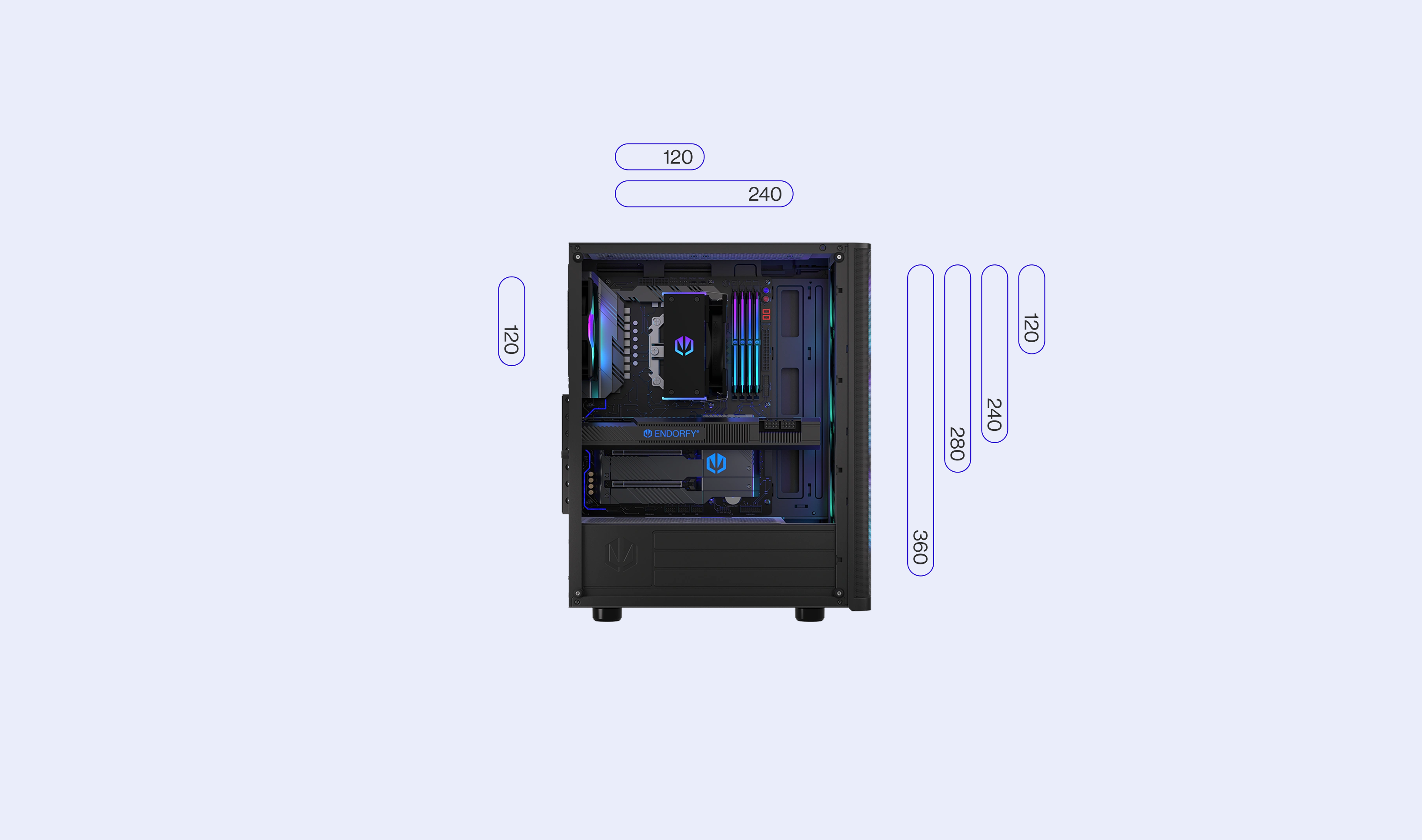 ENDORFY Ventum 200 ARGB EY2A014 PC Case Left View Removed Panel Icons Compatibility Dimensions Config Radiators