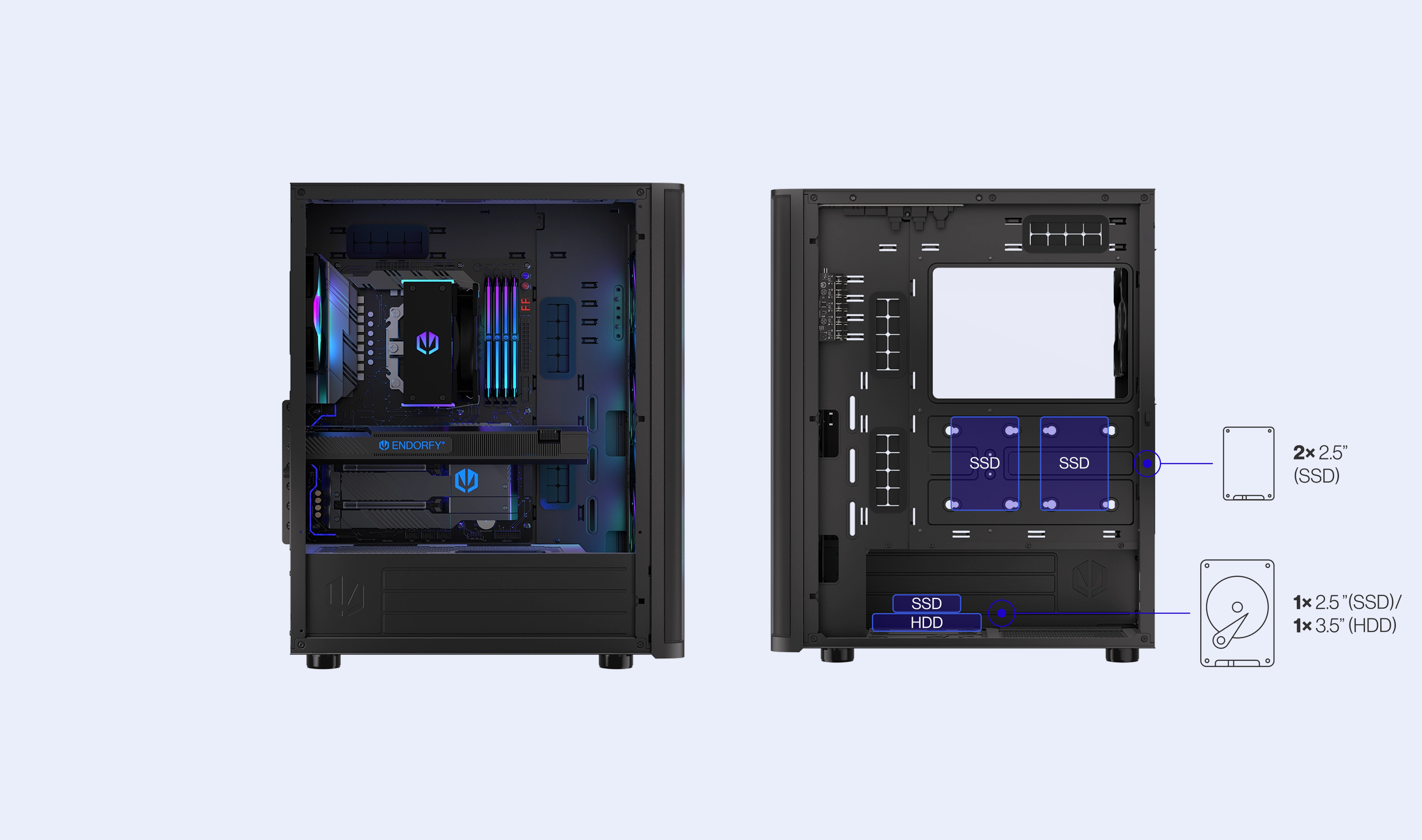 ENDORFY Ventum 400 ARGB EY2A023 PC Case Side View Removed Panel Compatibility Icons Max Dimensions Config Drives