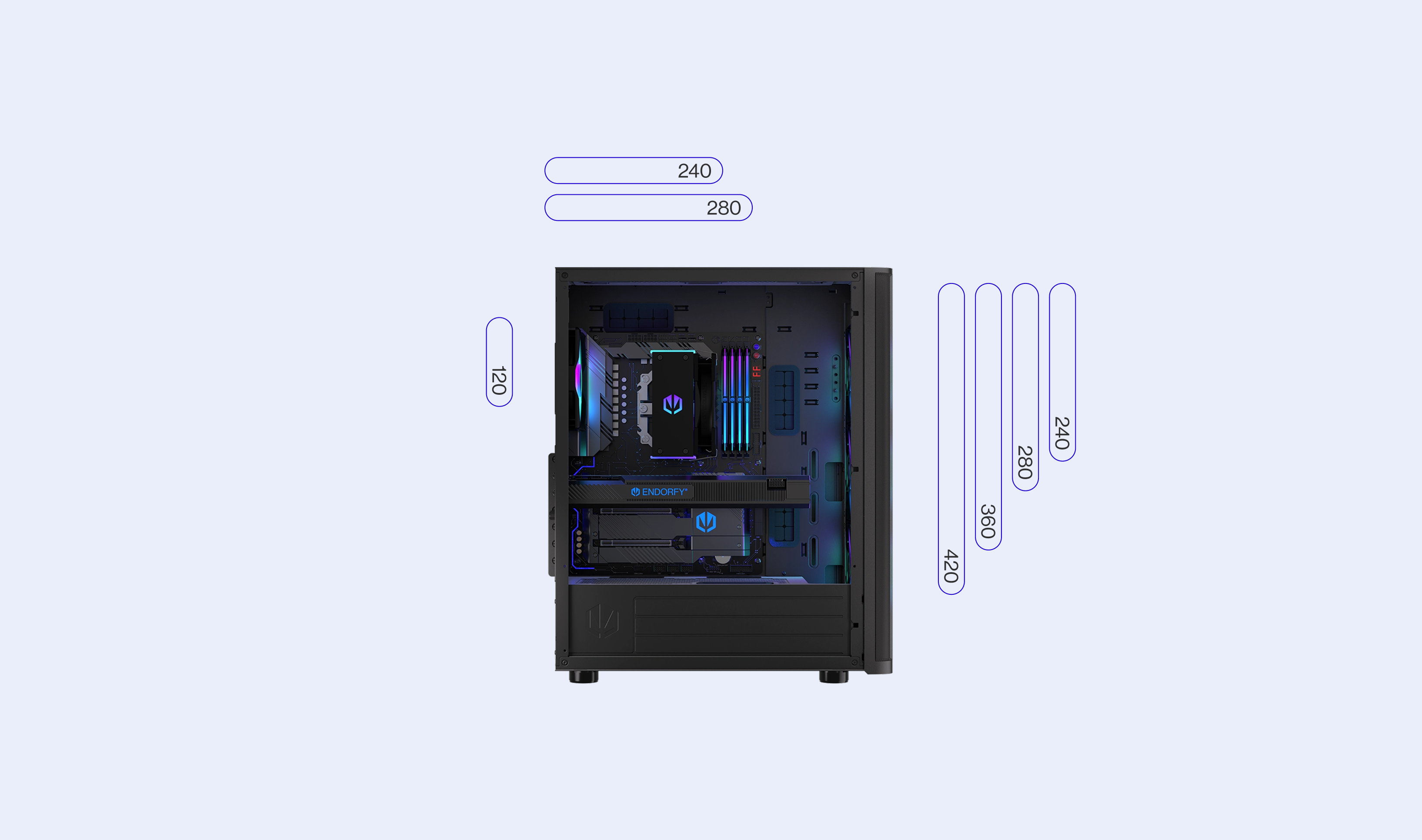 ENDORFY Ventum 400 ARGB EY2A023 PC Case Side View Removed Panel Compatibility Icons Max Dimensions Config Radiators