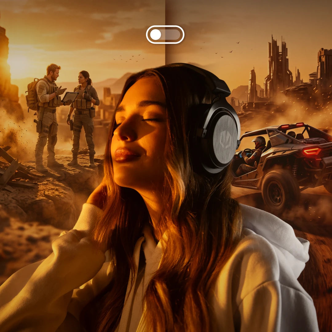 Relaxed woman wearing the ENDORFY Viro Infra Wireless headphones, with in-game scenes visible in the background showing characters in military uniforms talking and a car driving through the desert