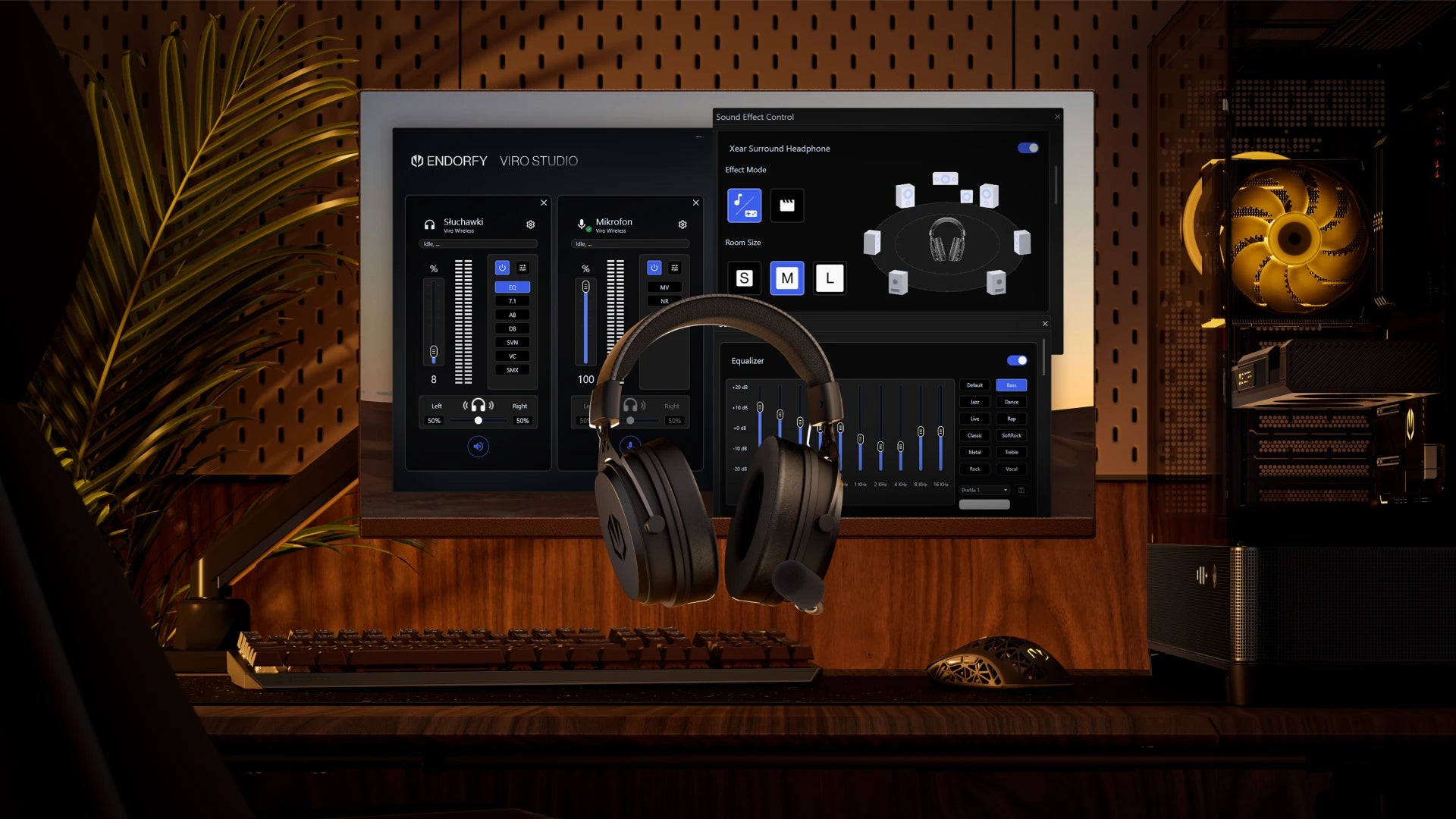 Floating ENDORFY Viro Wireless headphones. In the background, there is a computer setup and a monitor running the dedicated ENDORFY Viro Studio software