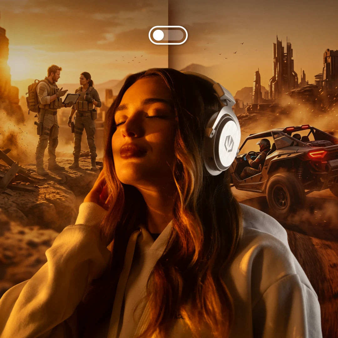 Relaxed woman wearing the ENDORFY Viro Infra Wireless Onyx White headphones, with in-game scenes visible in the background showing characters in military uniforms talking and a car driving through the desert