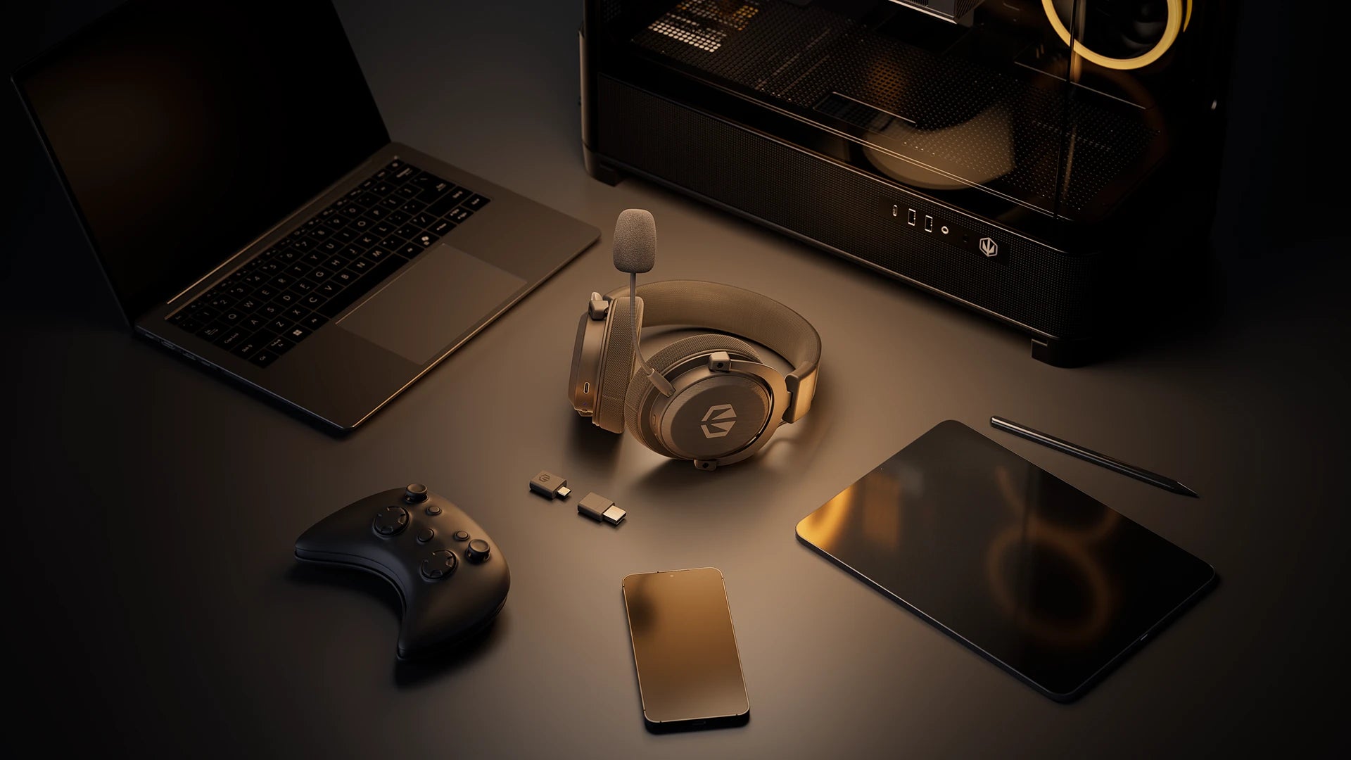 ENDORFY Viro Infra Wireless Alt Gray headphones placed on a desk alongside a laptop, gamepad, smartphone, tablet, and desktop computer, highlighting their multi-device compatibility.