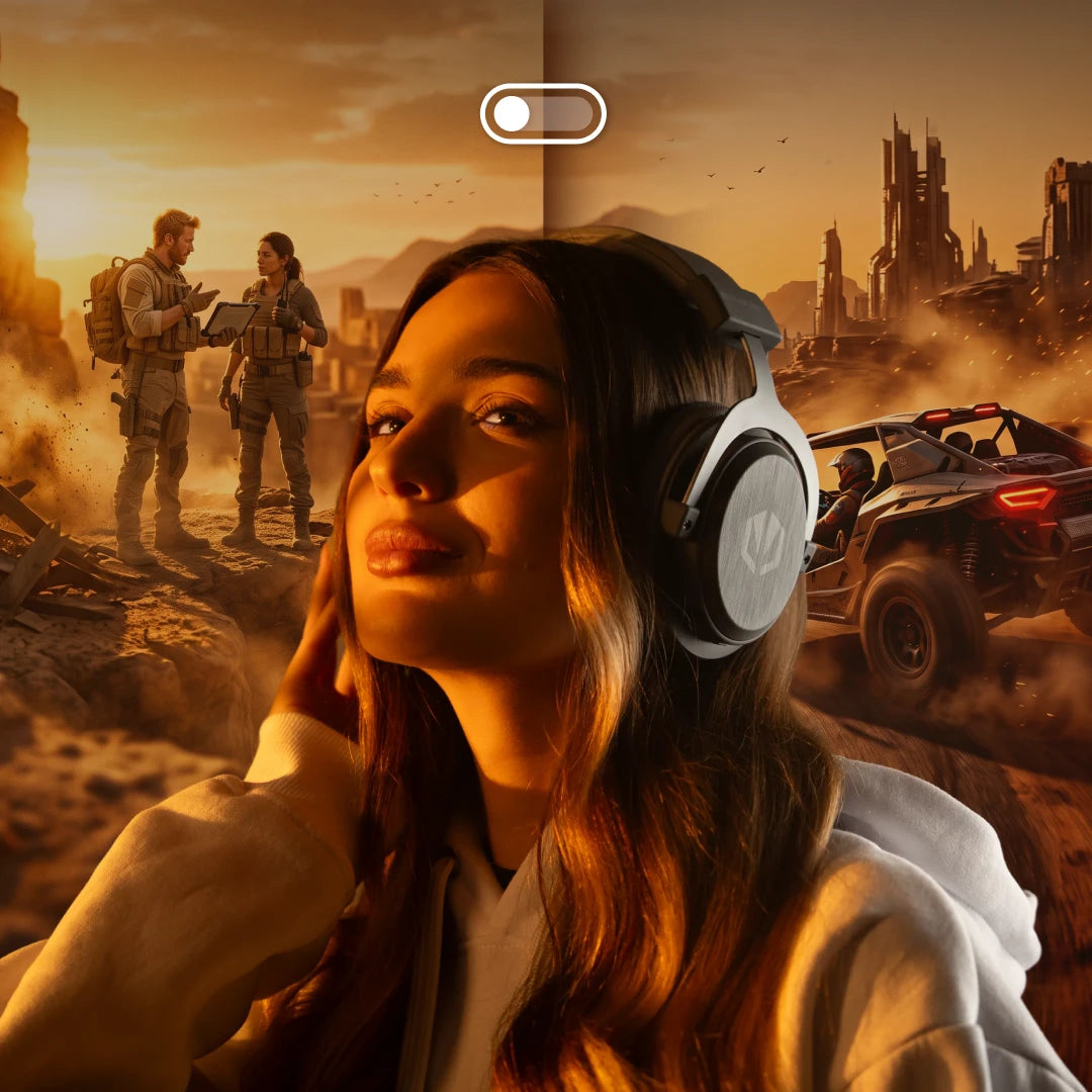 Relaxed woman wearing the ENDORFY Viro Infra Wireless Alt Gray headphones, with in-game scenes visible in the background showing characters in military uniforms talking and a car driving through the desert.