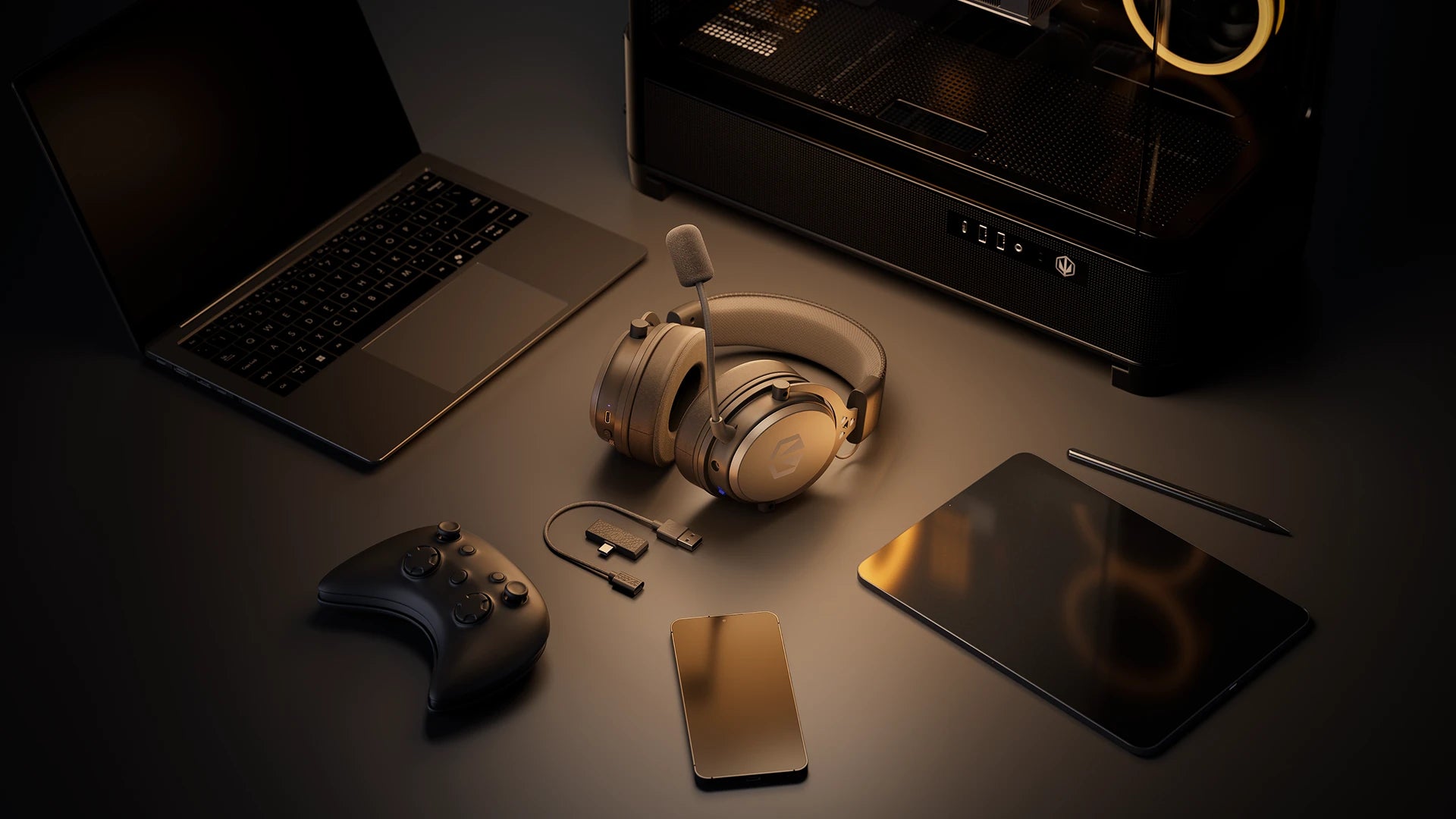 ENDORFY Viro Wireless Alt Gray headphones lying on a desk surrounded by portable devices – a laptop, gamepad, smartphone and tablet – and a desktop computer