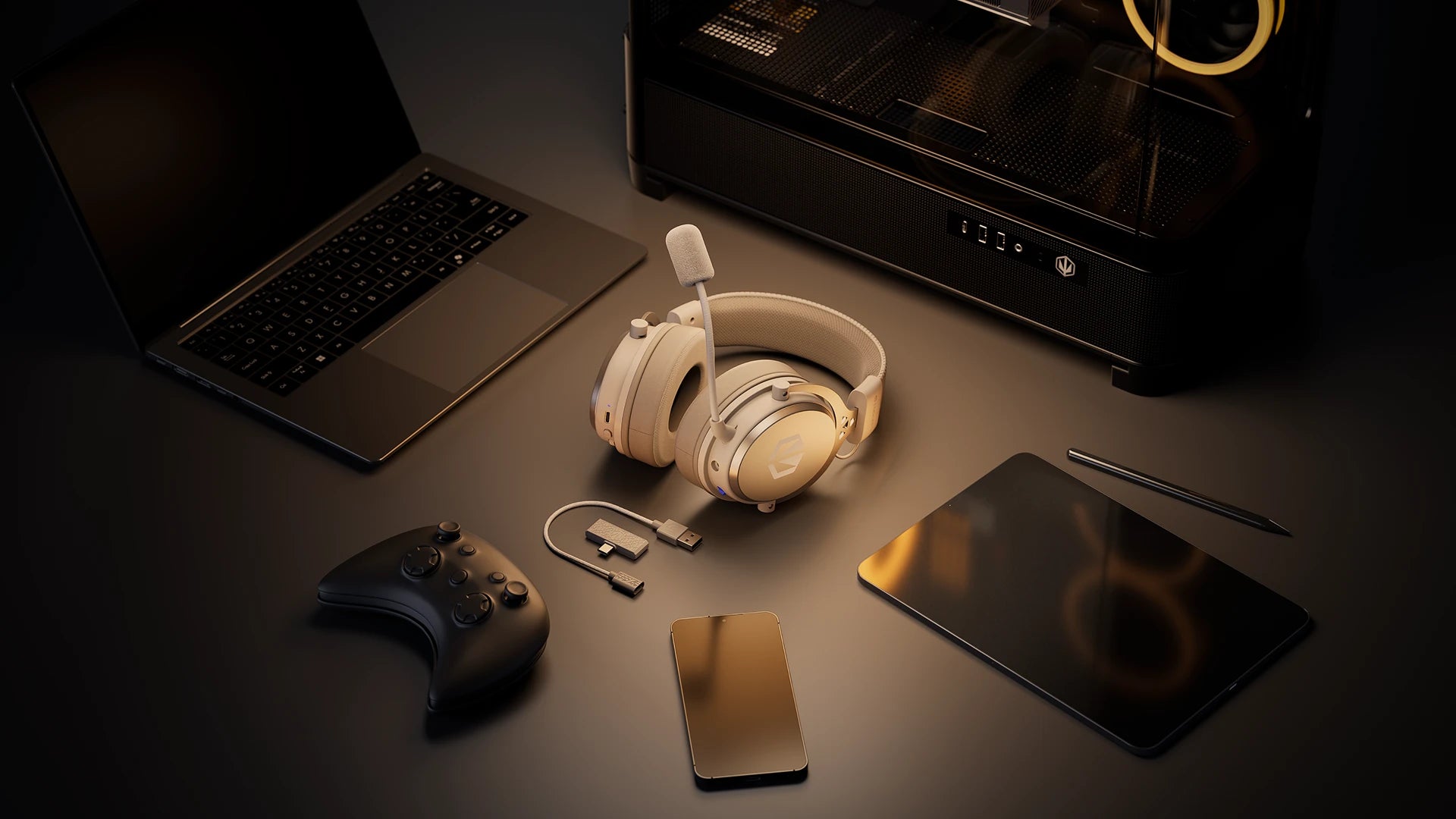 ENDORFY Viro Wireless Onyx White headphones lying on a desk surrounded by portable devices – a laptop, gamepad, smartphone and tablet – and a desktop computer